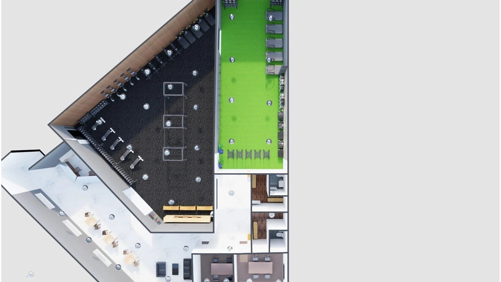 Floor plan of a modern office space showing a gym area with equipment and an outdoor green space with seating.