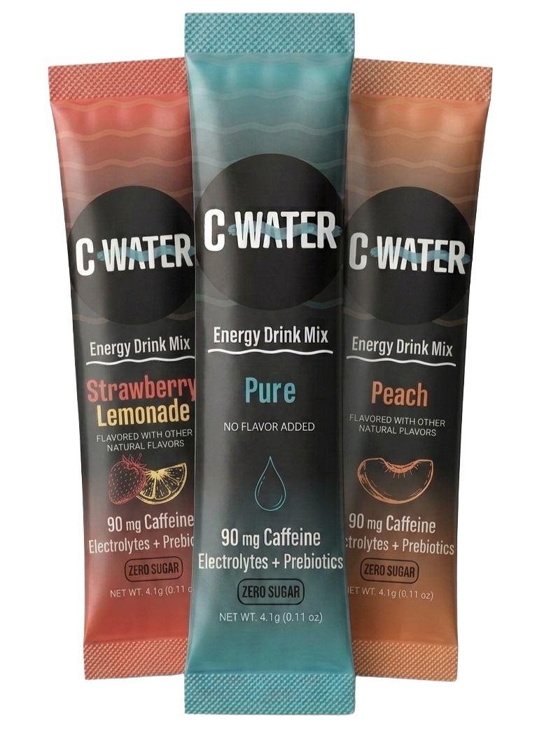 C Water Stick Pack image with three flavors shown: Strawberry Lemonade, Pure, and Peach