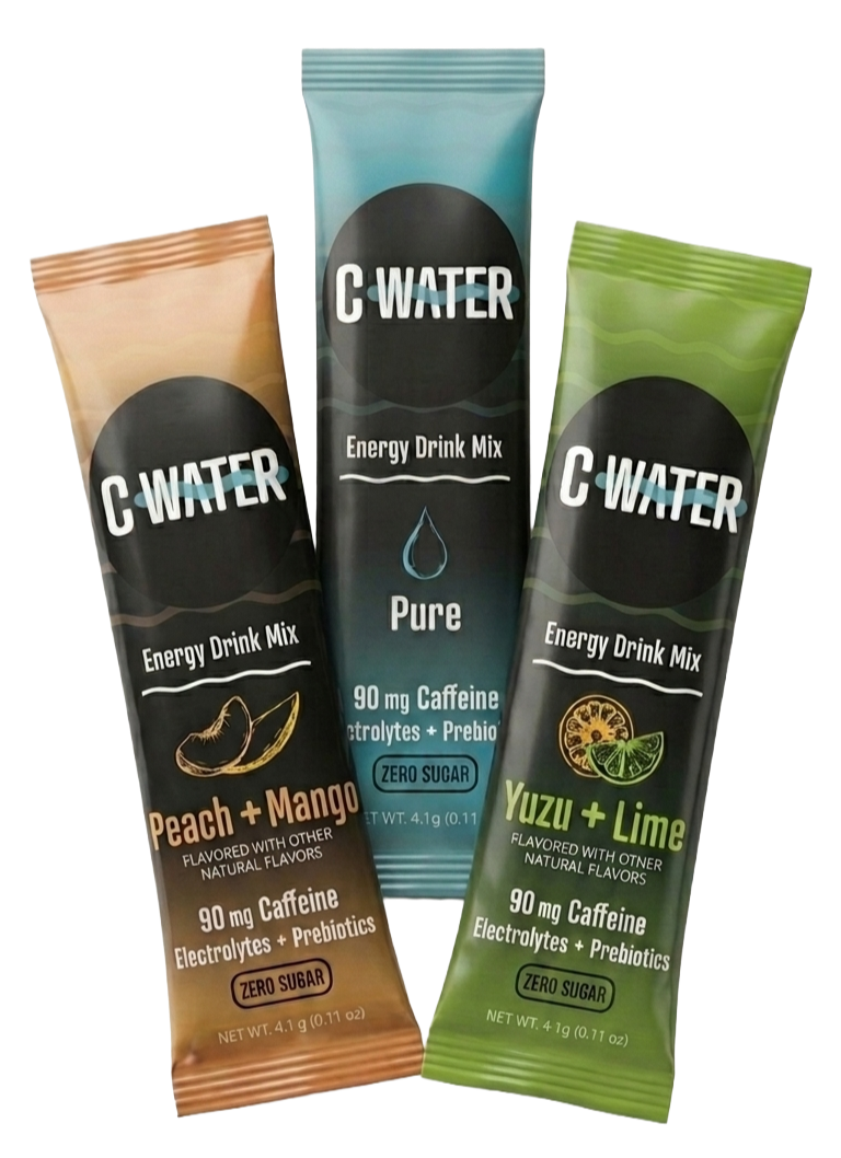 Three stick packets of C Water energy drink mix in Peach + Mango, Pure, and Yuzu + Lime flavors.