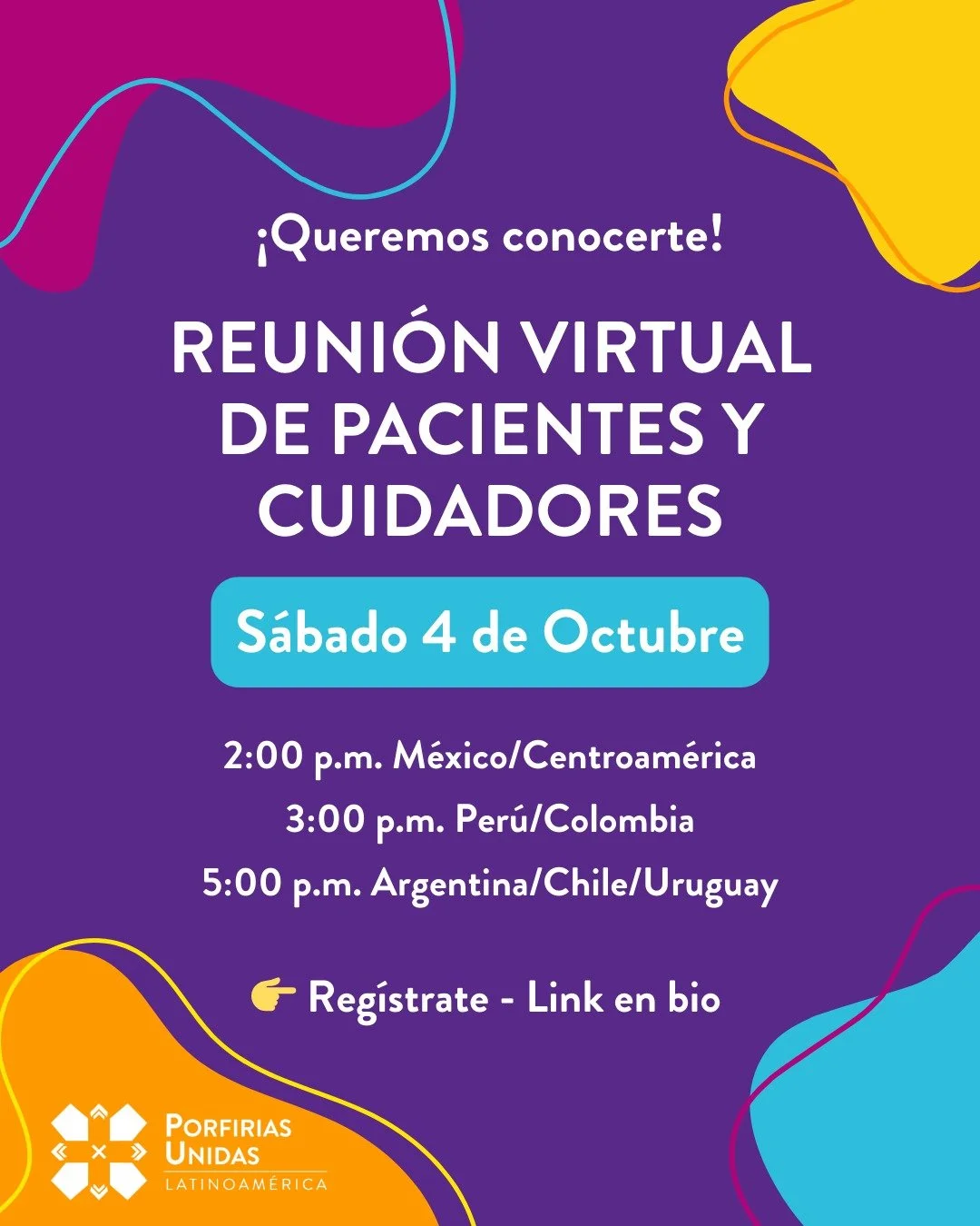 💜✨ &iexcl;Queremos conocerte!
Pacientes y cuidadores de Porfiria en Latinoam&eacute;rica, este espacio es para ustedes. &Uacute;nete a nuestra primera reuni&oacute;n virtual, comparte tu experiencia y conecta con nuestra comunidad.

📅 S&aacute;bado
