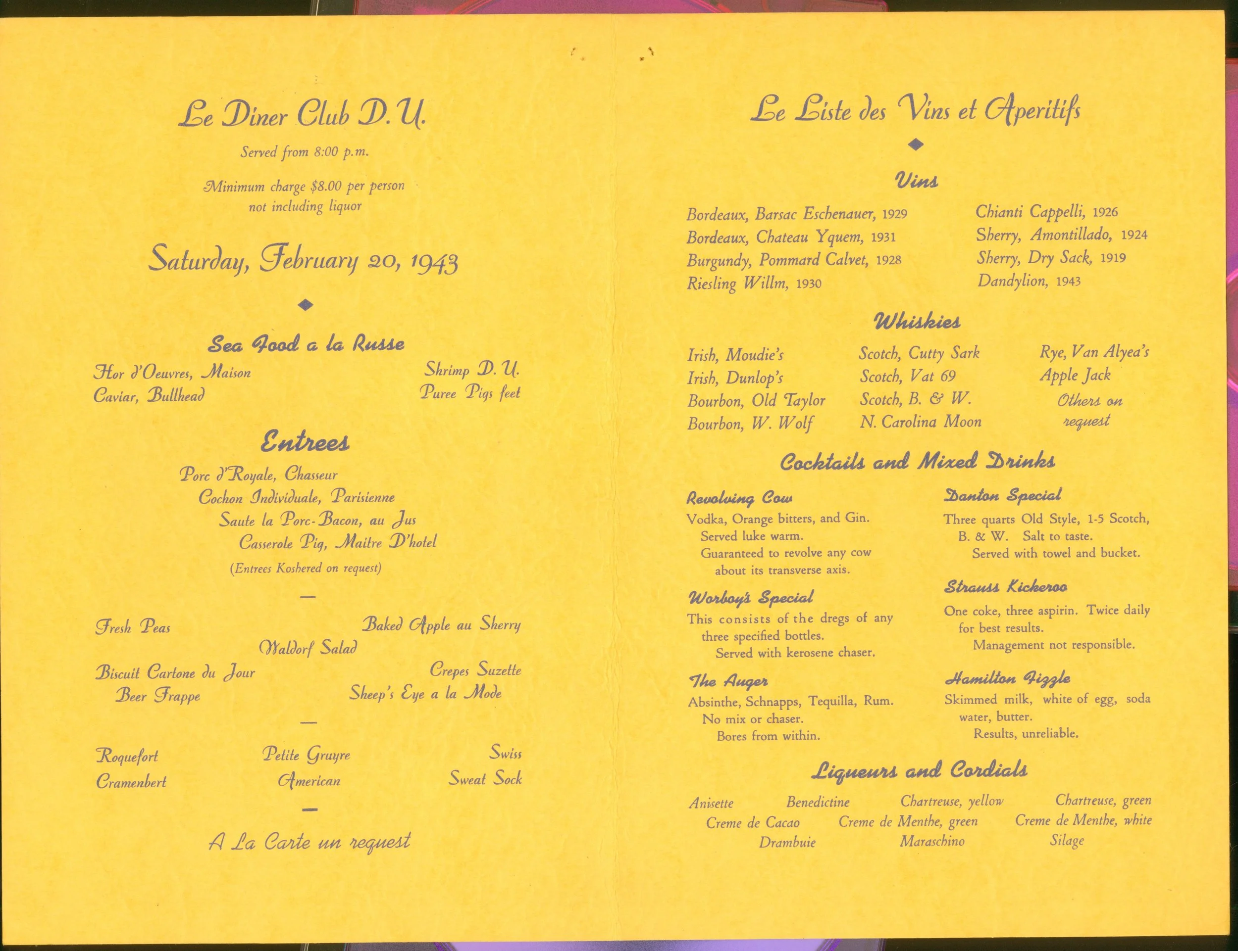 1943 Club DU Menu
