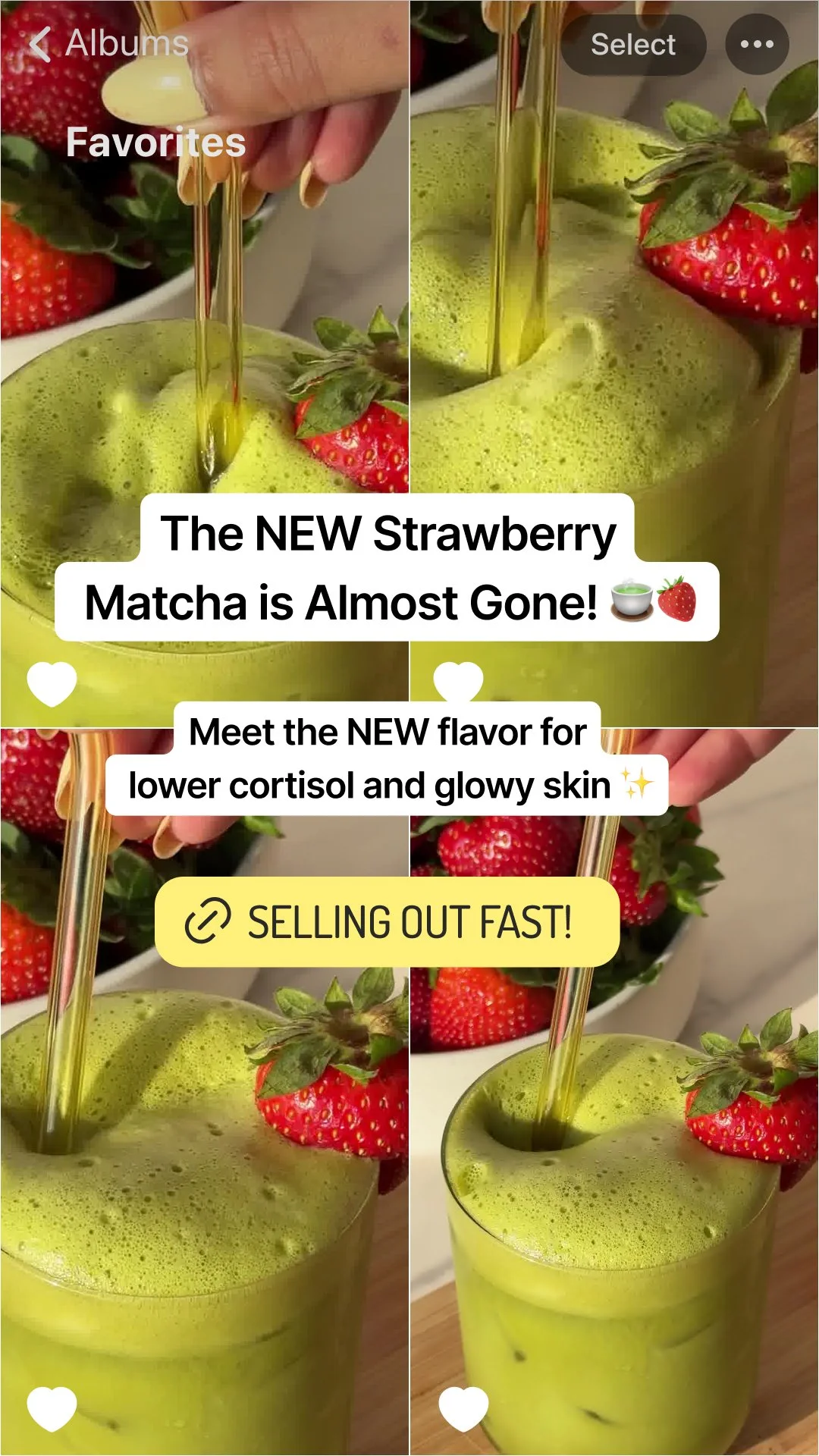 Close-up of a green strawberry matcha drink with fresh strawberries on the rim, with text overlay promoting the new strawberry matcha flavor, emphasizing its health benefits and indicating it is nearly sold out.