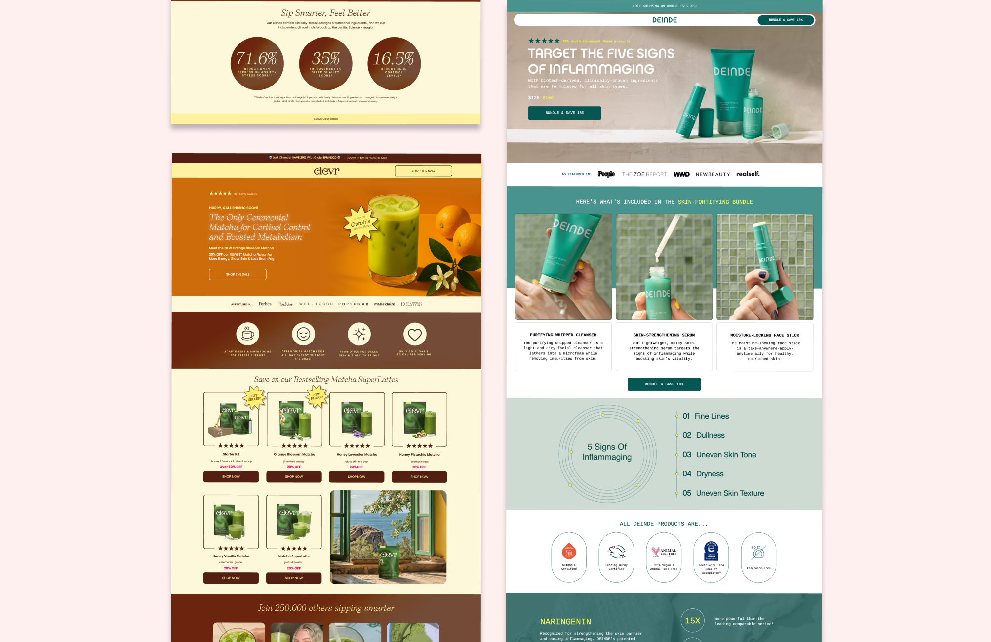 Screenshots of two skincare product websites. The left side features Clevr with matcha and matcha-themed products, highlighting prices and discounts. The right side shows Deinde's skincare bundle, including cleansing, serum, and moisturizer, with product images and descriptions focused on inflammation signs.