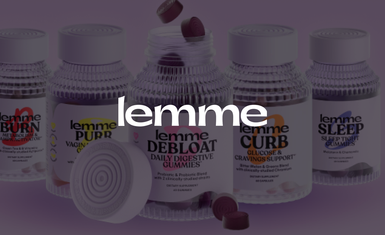 A collection of five bottles of dietary supplements or gummies with white caps, labeled 'lemme BURN,' 'lemme PURR,' 'lemme DELOAT,' 'lemme CURB,' and 'lemme SLEEP,' with some gummies spilling out.