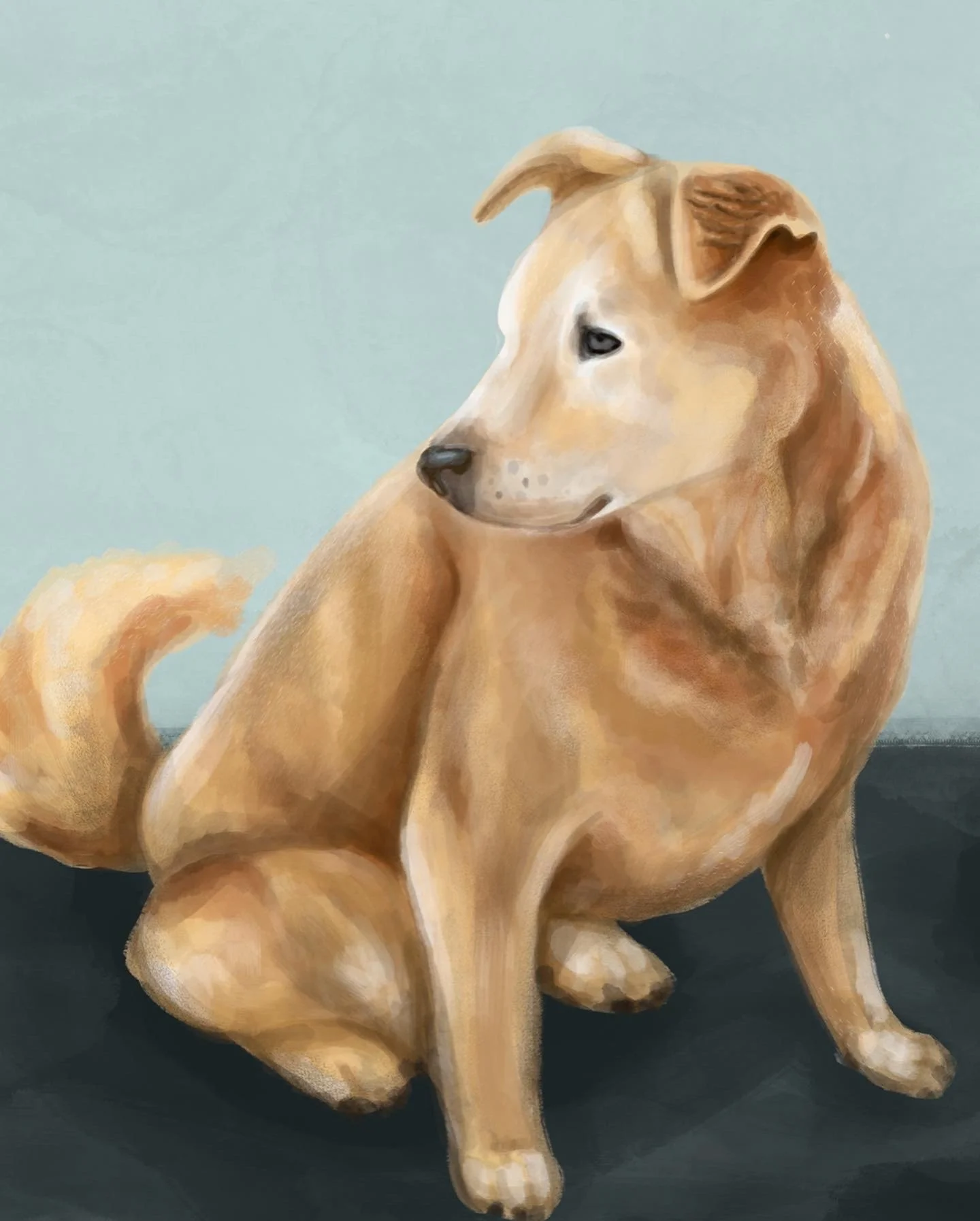Painting of a dog with a human body seated on a dark surface against a light blue background.