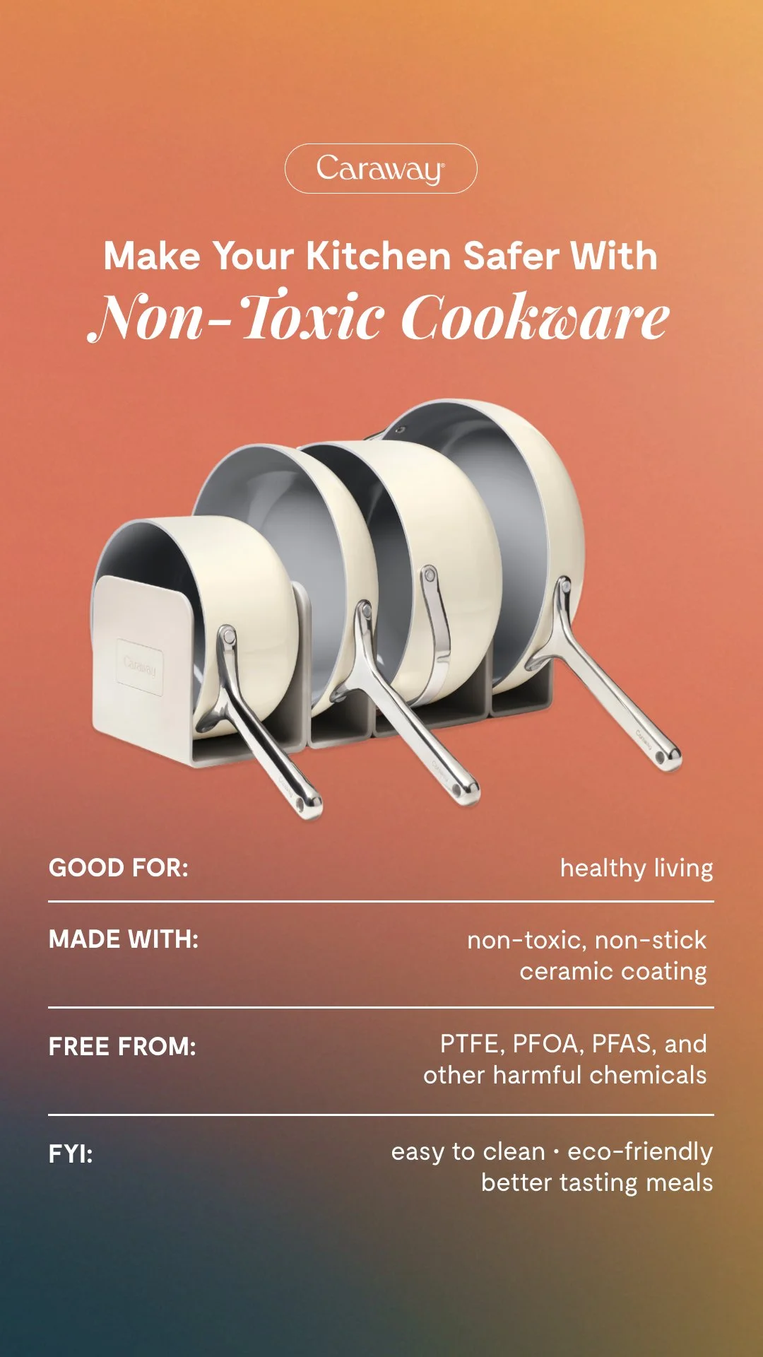 A promotional poster for Caraway non-toxic cookware features four ceramic-coated pots and pans of different sizes with stainless steel handles, arranged on a gradient background. The text promotes healthy living, eco-friendly materials, ease of clean