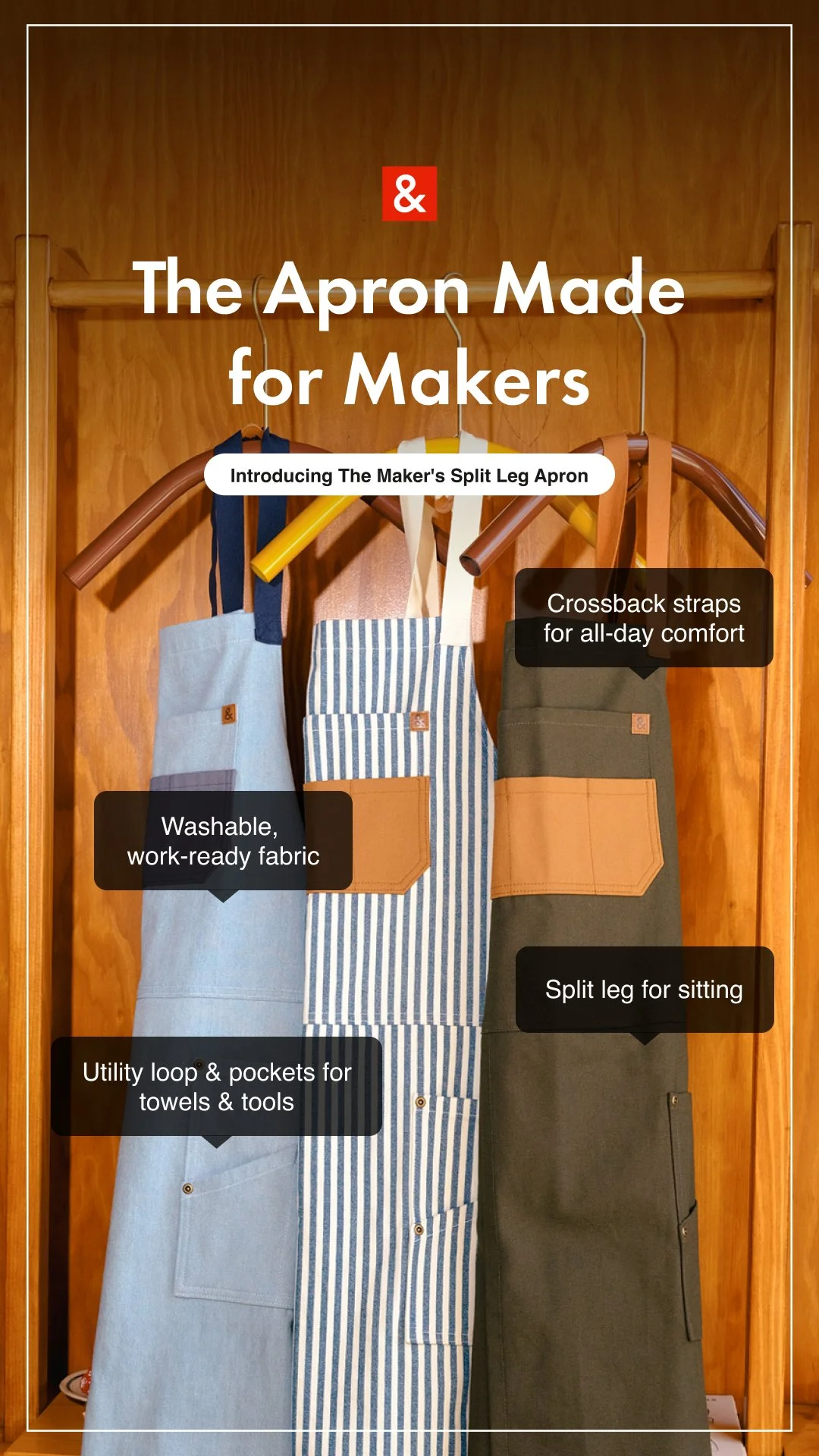 Three aprons hanging on a wooden rod, displaying features like washable fabric, utility pockets, split leg for sitting, crossback straps, and made for makers.