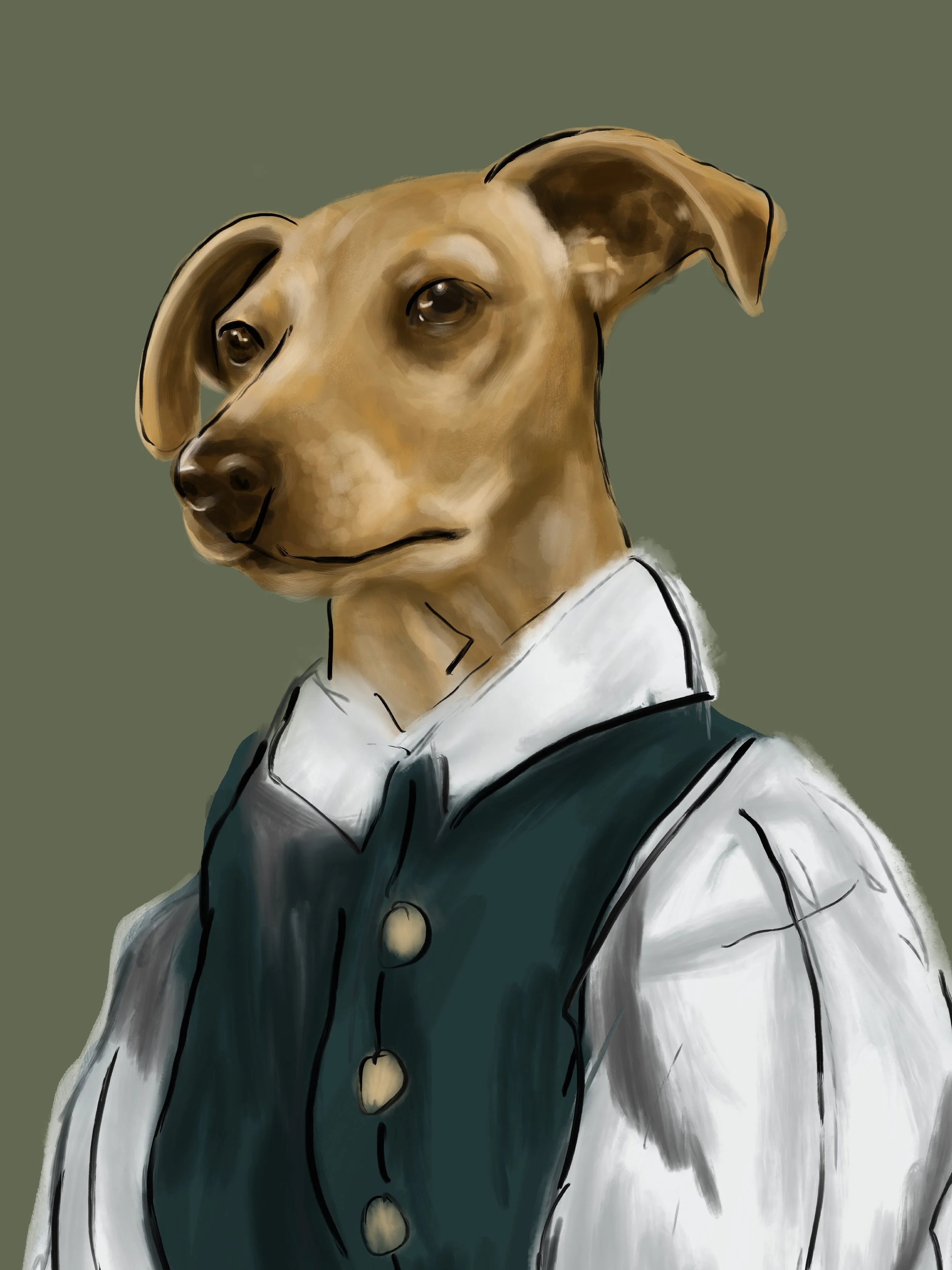 Portrait of a dog with a human body, dressed in historical clothing, against a plain background.