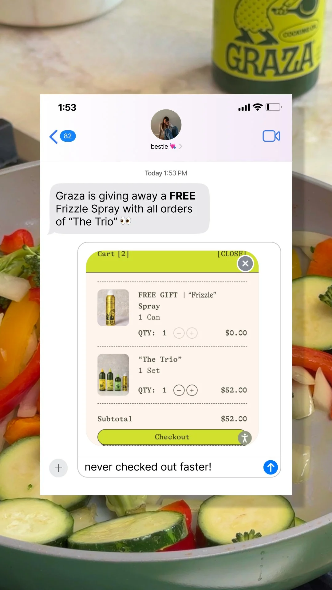 A screenshot of a text message with a photo of a receipt for a free 'Frizzle' spray and a set called 'The Trio', over a background of a fresh vegetable salad and a can of Graza olive oil.