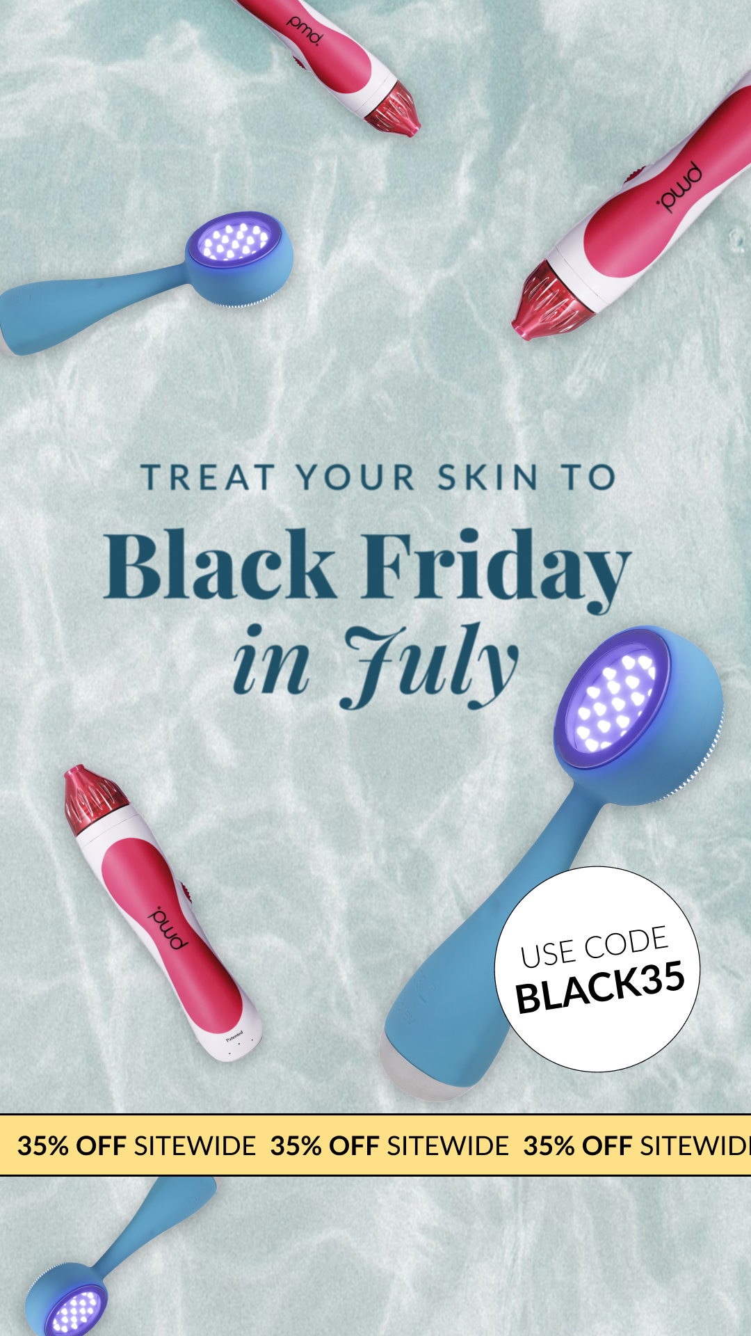 Promotional advertisement featuring skincare devices on icy background, with text encouraging skin treatment for Black Friday, July, and a discount code BLACK35.