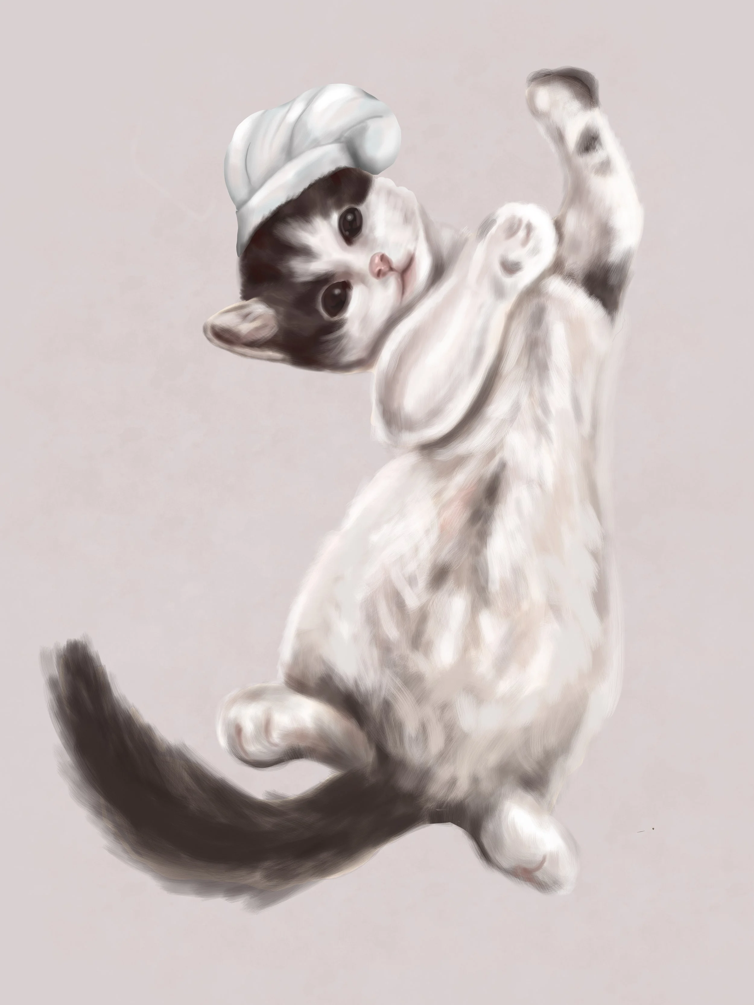 Illustration of a cute cat with a human face, wearing a chef's hat, floating in the air.