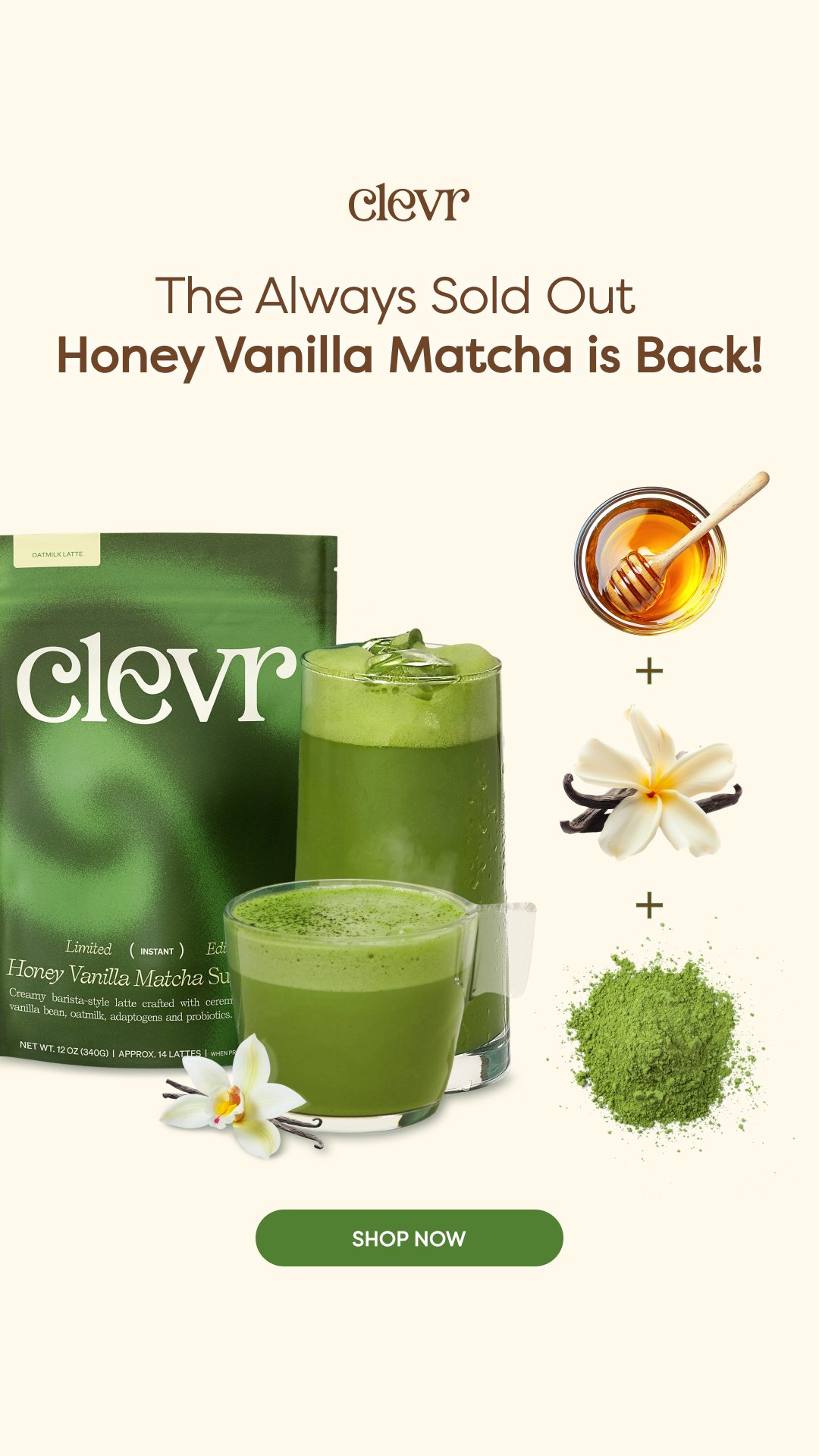 Advertisement for honey vanilla matcha, showing a green matcha drink, a package of honey vanilla matcha powder, honey with a honey dipper, vanilla flower, vanilla bean, and matcha powder.