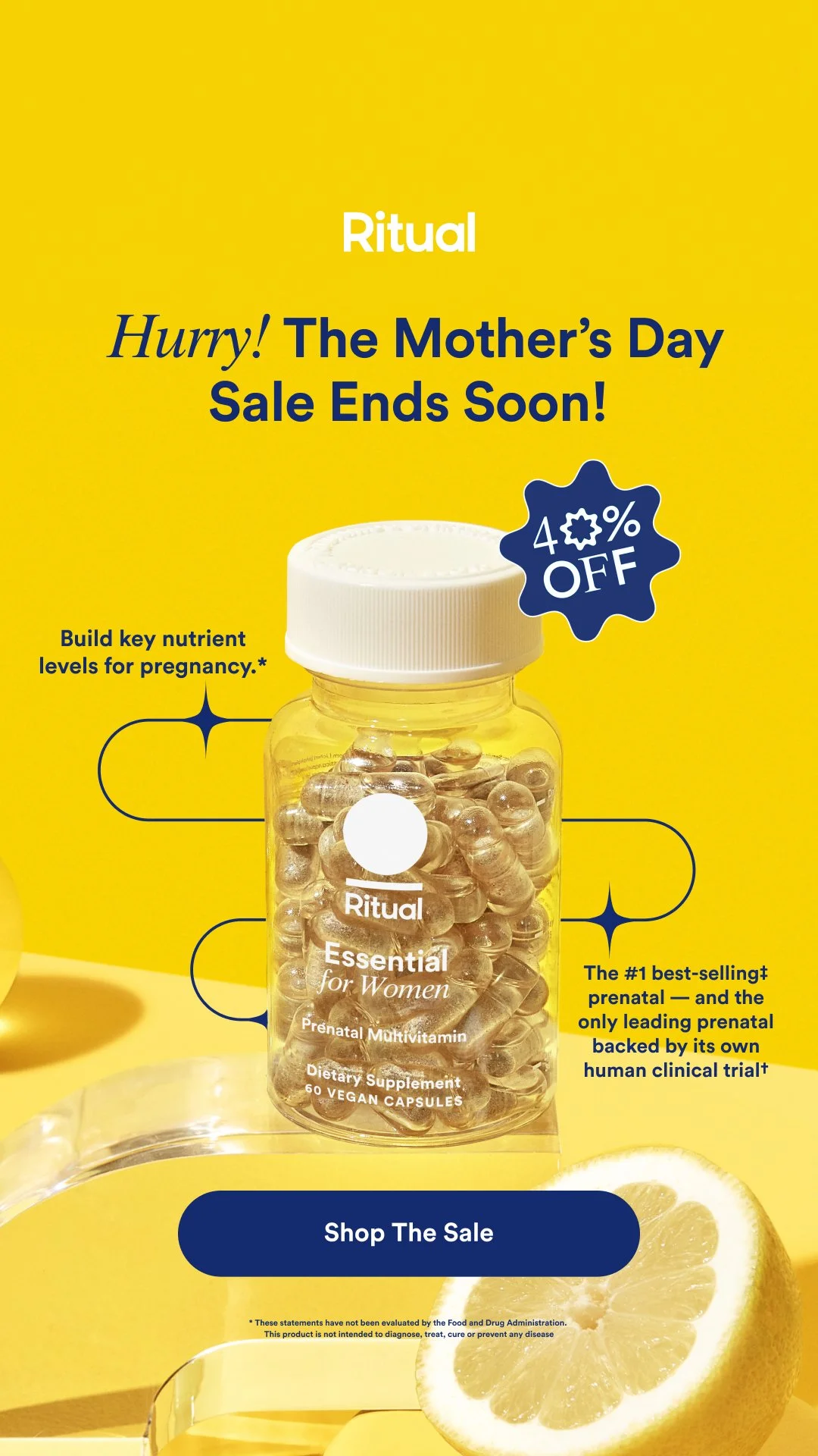 Advertisement for Ritual prenatal multivitamin supplements with a yellow background, featuring a bottle of capsules, a lemon slice, and promotional text about a Mother's Day sale with 40% off.