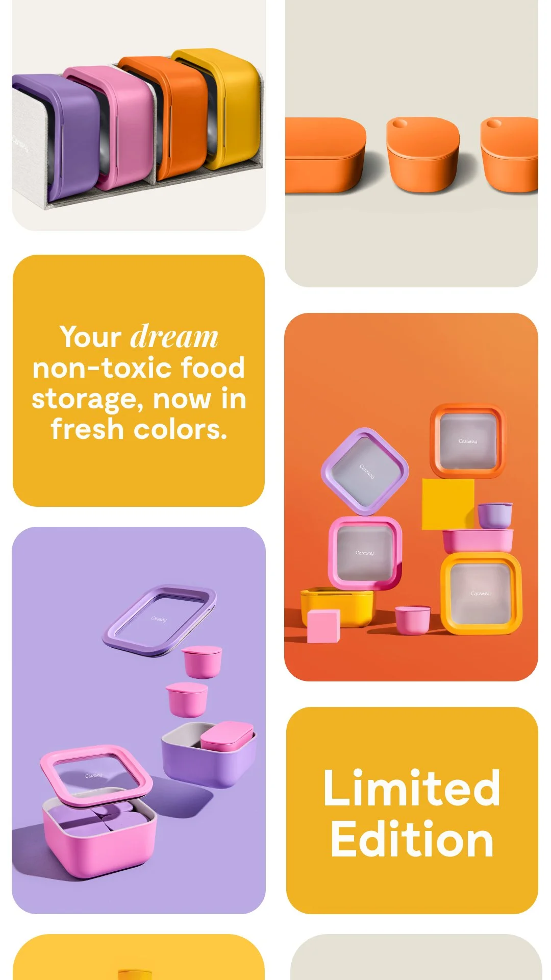 Colorful stackable food storage containers and bowls in purple, pink, orange, and yellow in a promotional display with text saying "Your dream non-toxic food storage, now in fresh colors" and "Limited Edition".