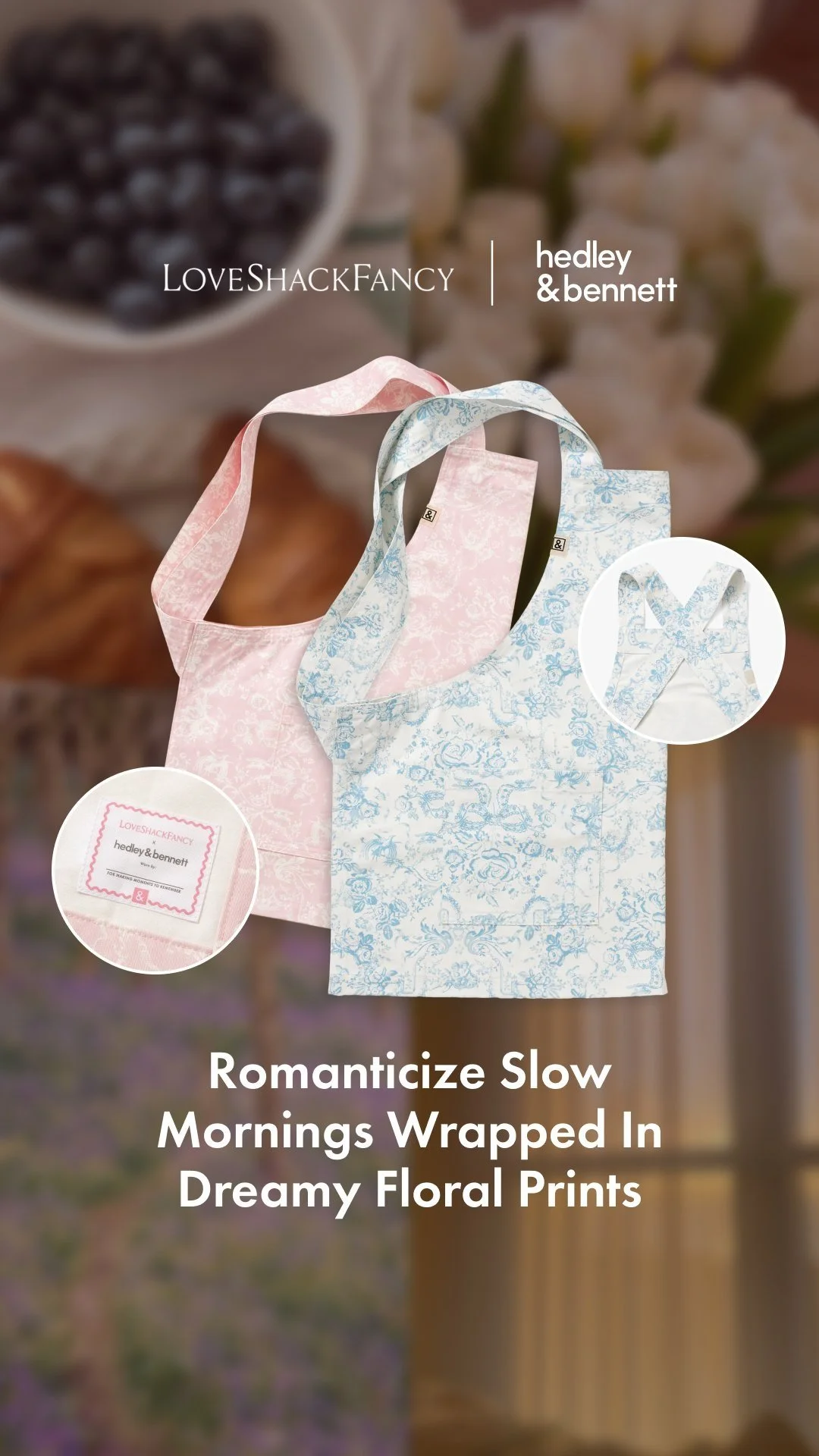 Pink and blue floral print reusable tote bags from LoveShackFancy and Hedley & Bennett with a blurred background of white flowers and food items.