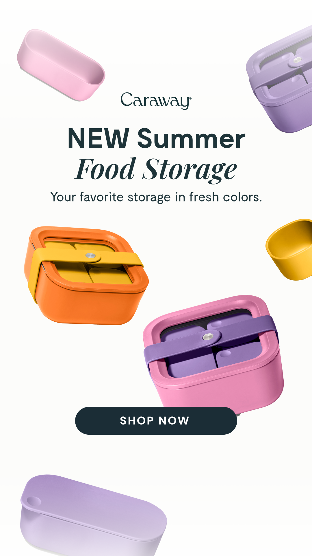 Advertisement for Caraway new summer food storage containers in various pastel colors like pink, purple, yellow, and orange, with a 'Shop Now' button.