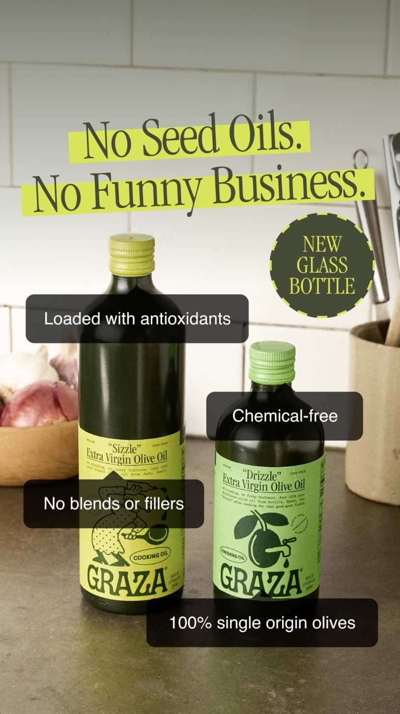 Two bottles of extra virgin olive oil with labels, one larger with a yellow label, the other smaller with a green label, on a kitchen countertop with text overlays.