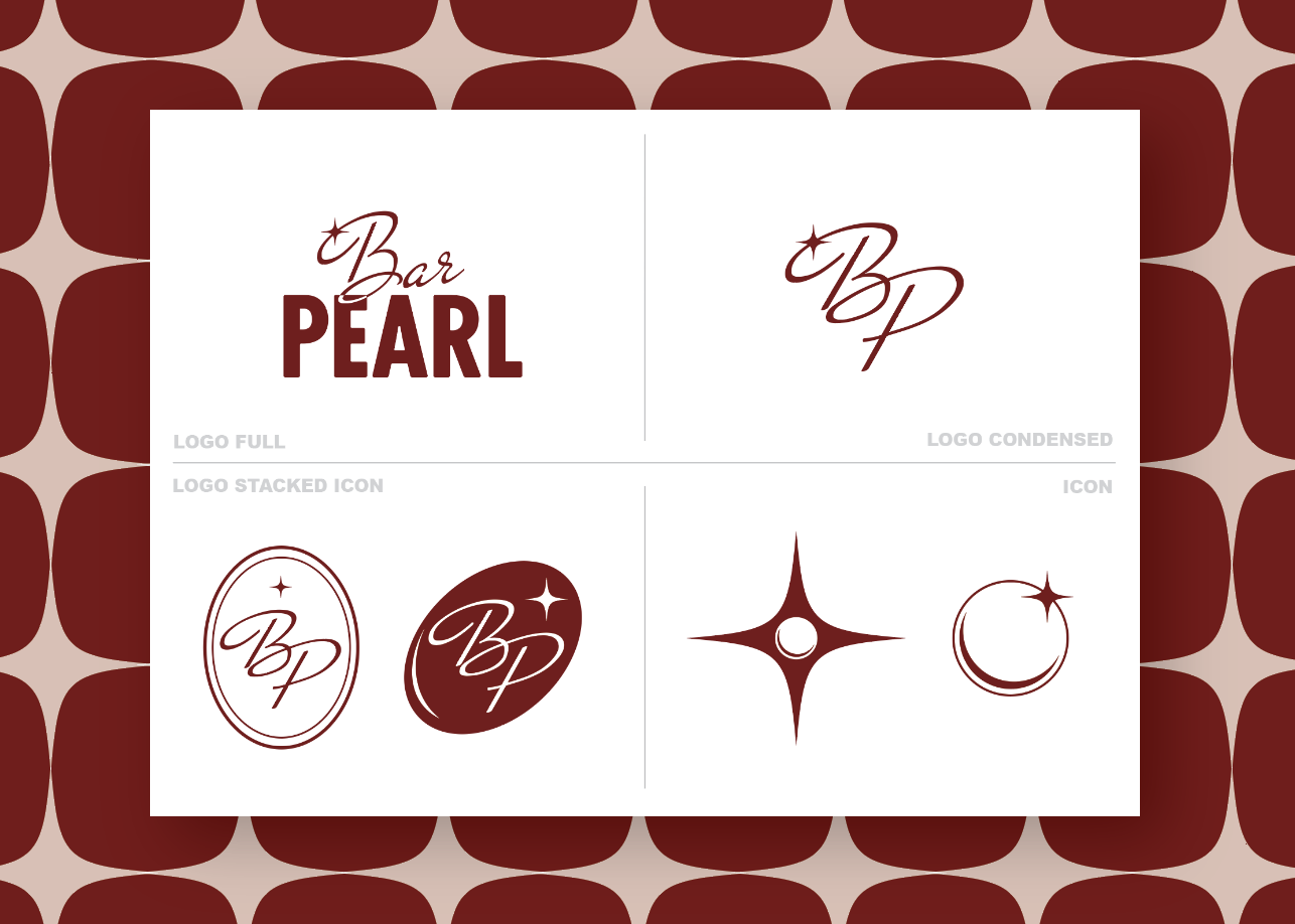 Design concept for a bar named Pearl, featuring various logo styles including full, condensed, stacked icon, and simple icon versions on a patterned background.