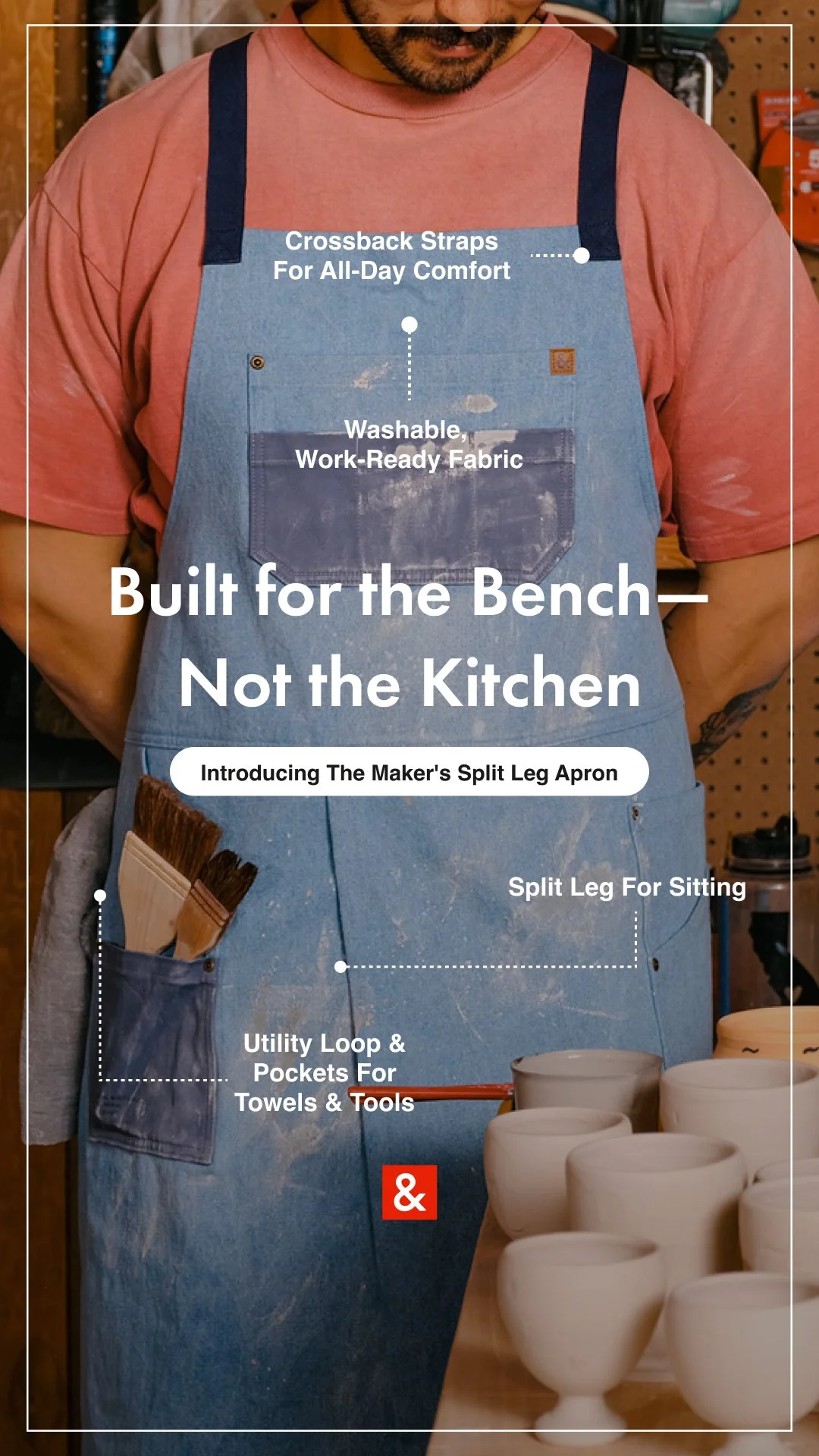 A person wearing a blue apron with various features labeled, including crossback straps for all-day comfort, a washable work-ready fabric, a front utility loop with pockets for towels and tools, and a split leg for sitting. The apron has paint splatt