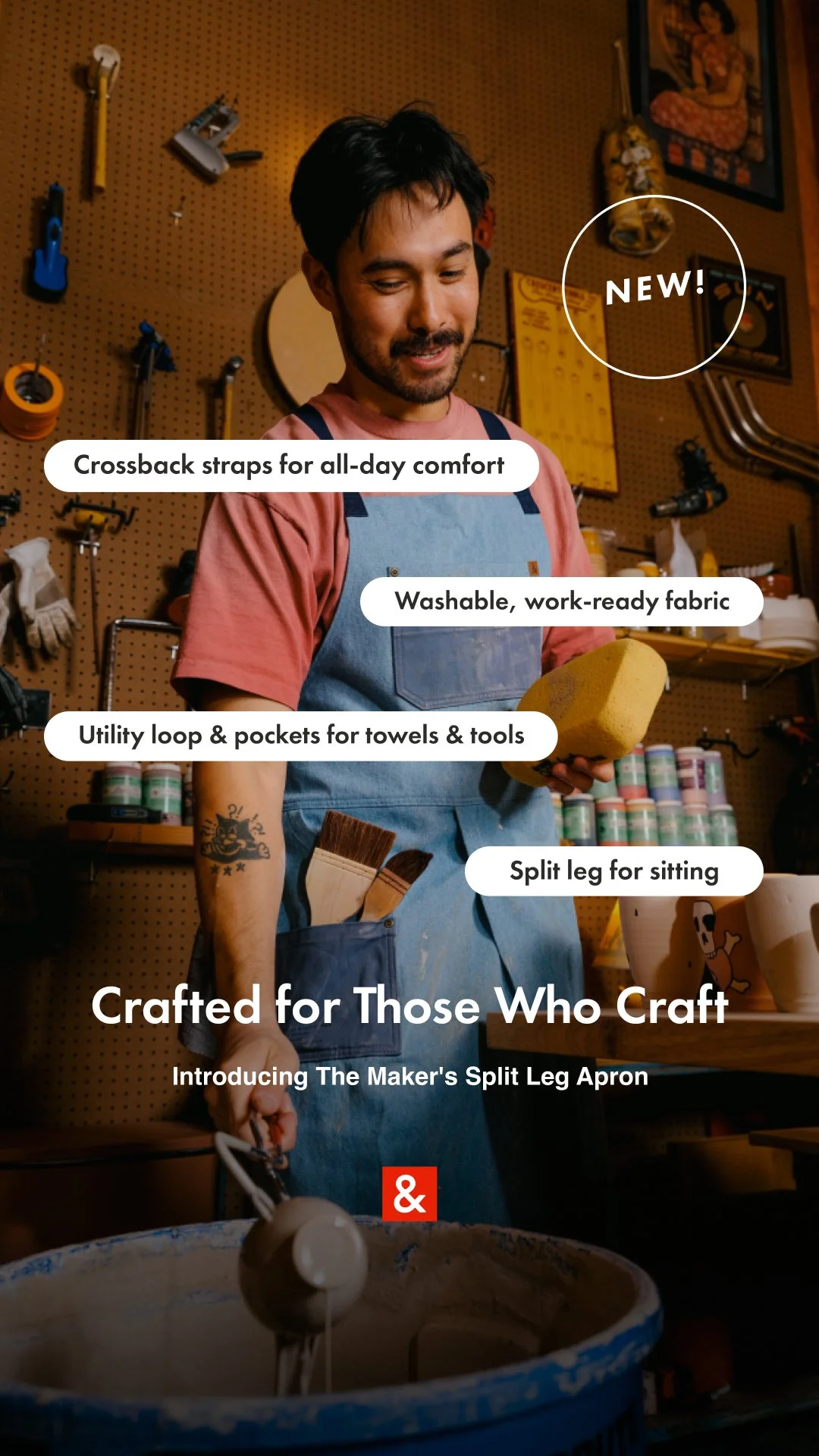 A man standing in a workshop holding a sponge with various tools in the background. The image includes text promoting a maker's split leg apron with features such as crossback straps, washable fabric, utility pockets, and a split leg design.
