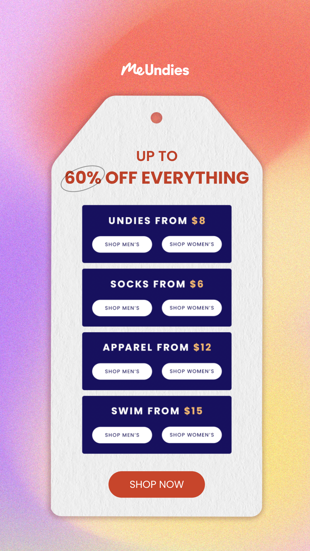 Gift tag-style advertisement for MeUndies offering discounts up to 60% off on underwear, socks, apparel, and swimwear, with starting prices and options to shop for men's and women's categories.