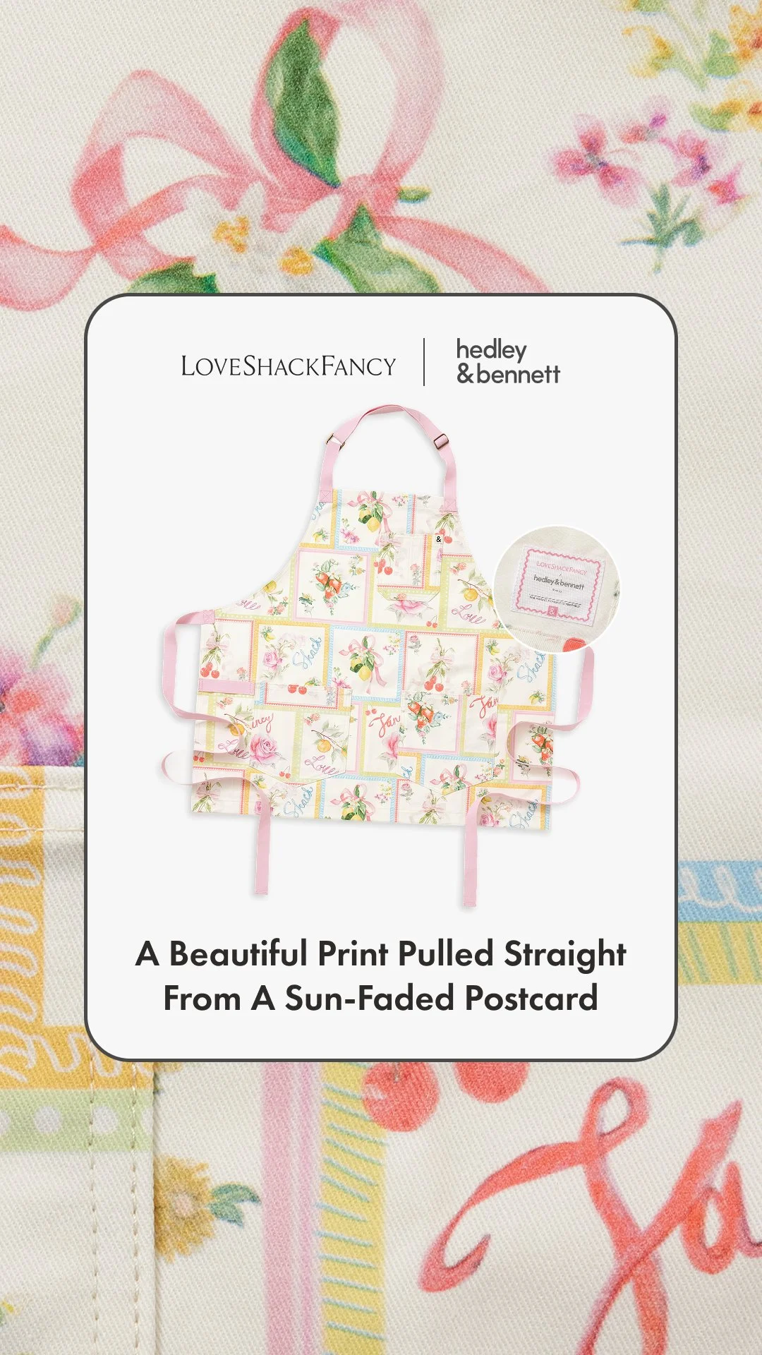 Apron with a pastel floral pattern, featuring images of strawberries, cherries, and flowers, and the words 'Love' and 'Thank You' in a collage style.
