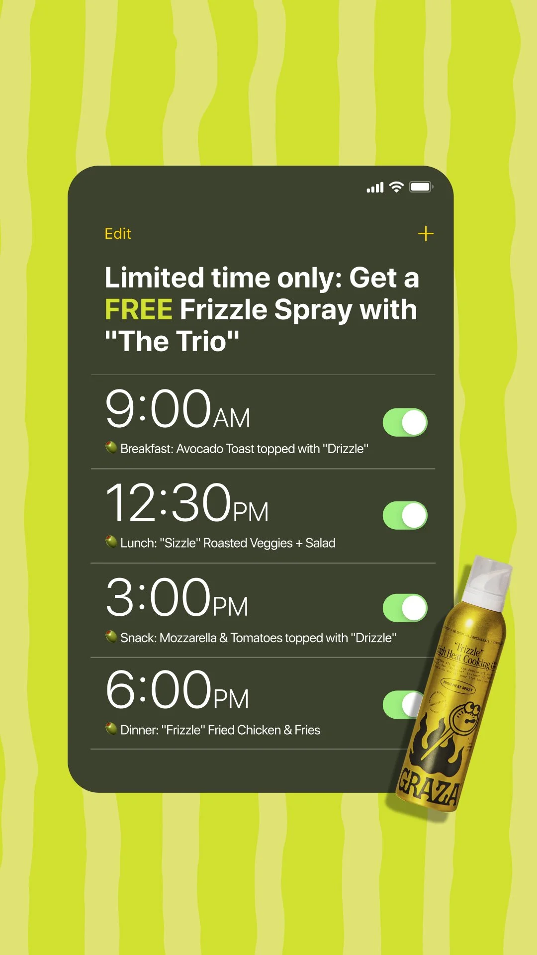 Smartphone screen displaying a meal reminder app with scheduled times for breakfast, lunch, snack, and dinner, with a bottle of Graza olive oil in the lower right corner against a yellow-green striped background.