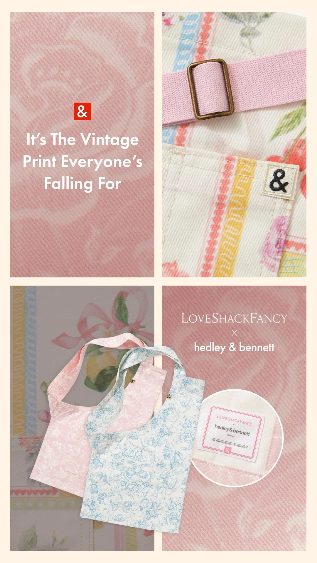 Collage featuring vintage printed fabric, fabric detail with a pink strap and metal buckle, a pocket with a yellow and pink stripe pattern, a pair of pastel-colored fabric bags with floral print, and a clothing label showing 'LoveShackFancy', 'hedley