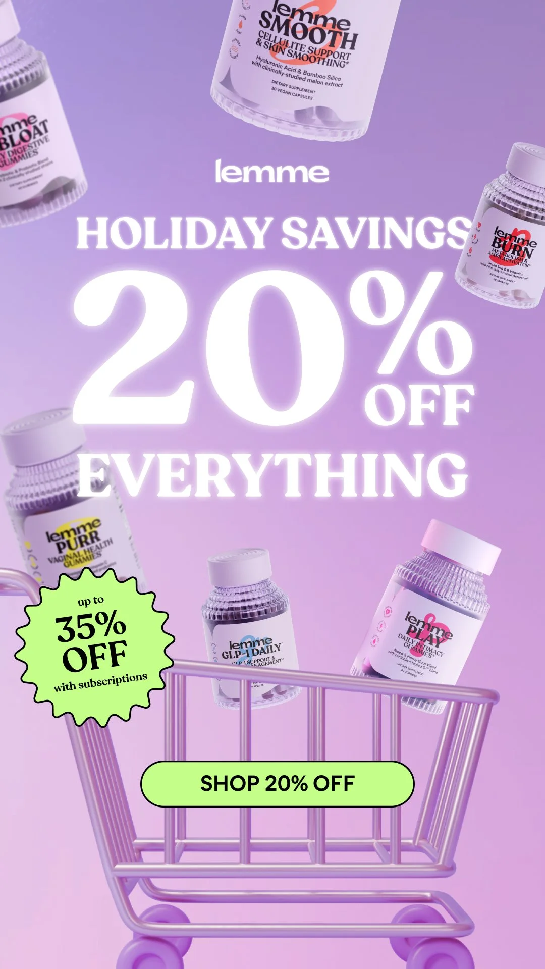 Promotional advertisement for Lemmy supplements featuring discounts of 20% on everything and up to 35% with subscriptions, with products like Lemmy Bloat, Lemmy SMOOTH, Lemmy PUR, Lemmy GLP-1 Daily, and Lemmy Play displayed around a purple shopping c