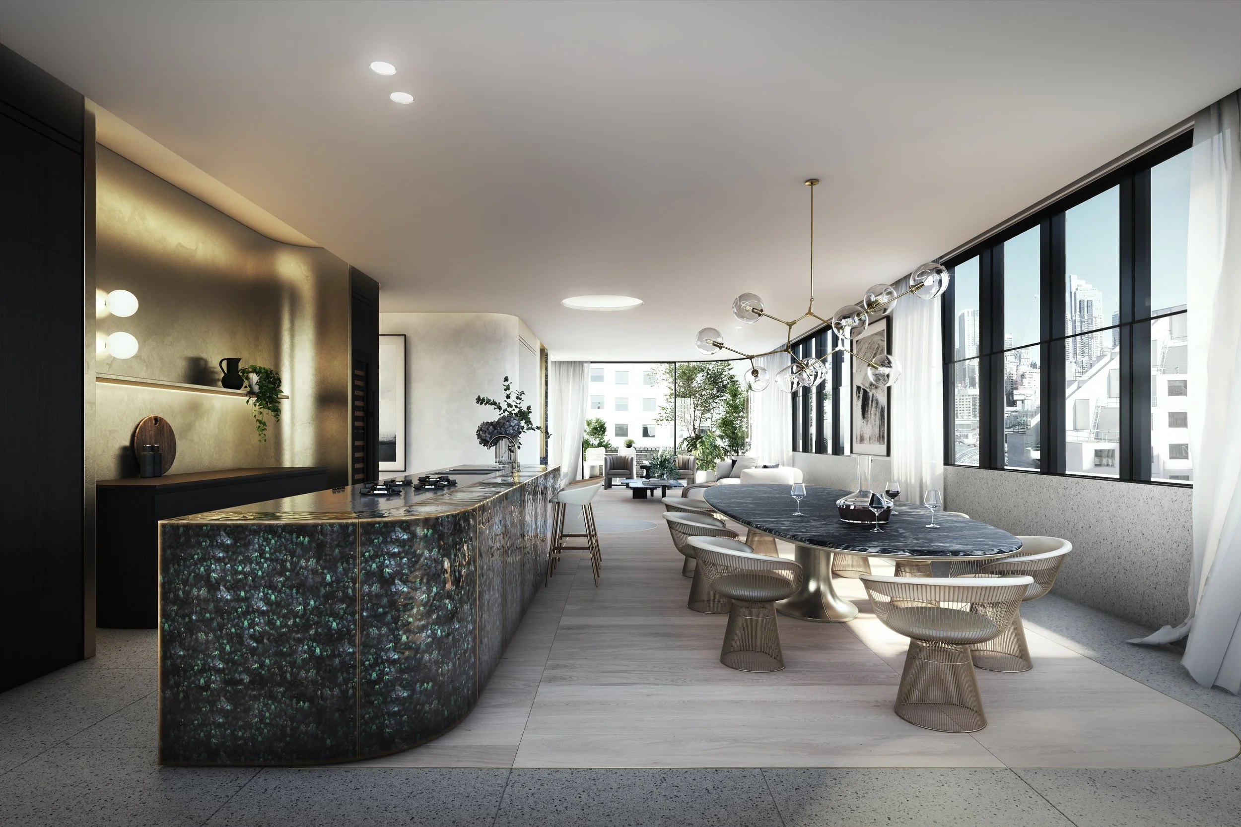 A modern open-plan living and dining area with large floor-to-ceiling windows, a black marble dining table with beige wireframe chairs, a marble kitchen island, contemporary chandelier, and city view.