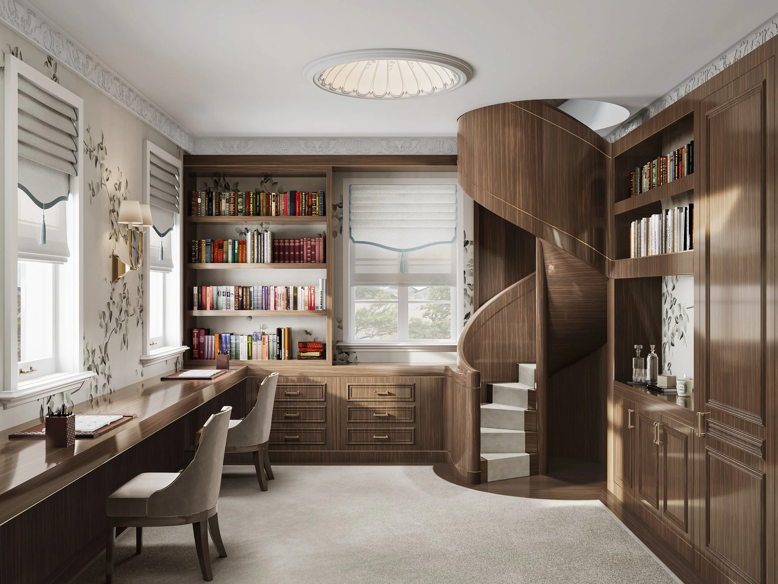 Home office with built-in wooden shelves filled with books, two windows with white blinds, a long wooden desk with two chairs, and a spiral staircase leading to a second level, with decorative wallpaper and modern lighting.