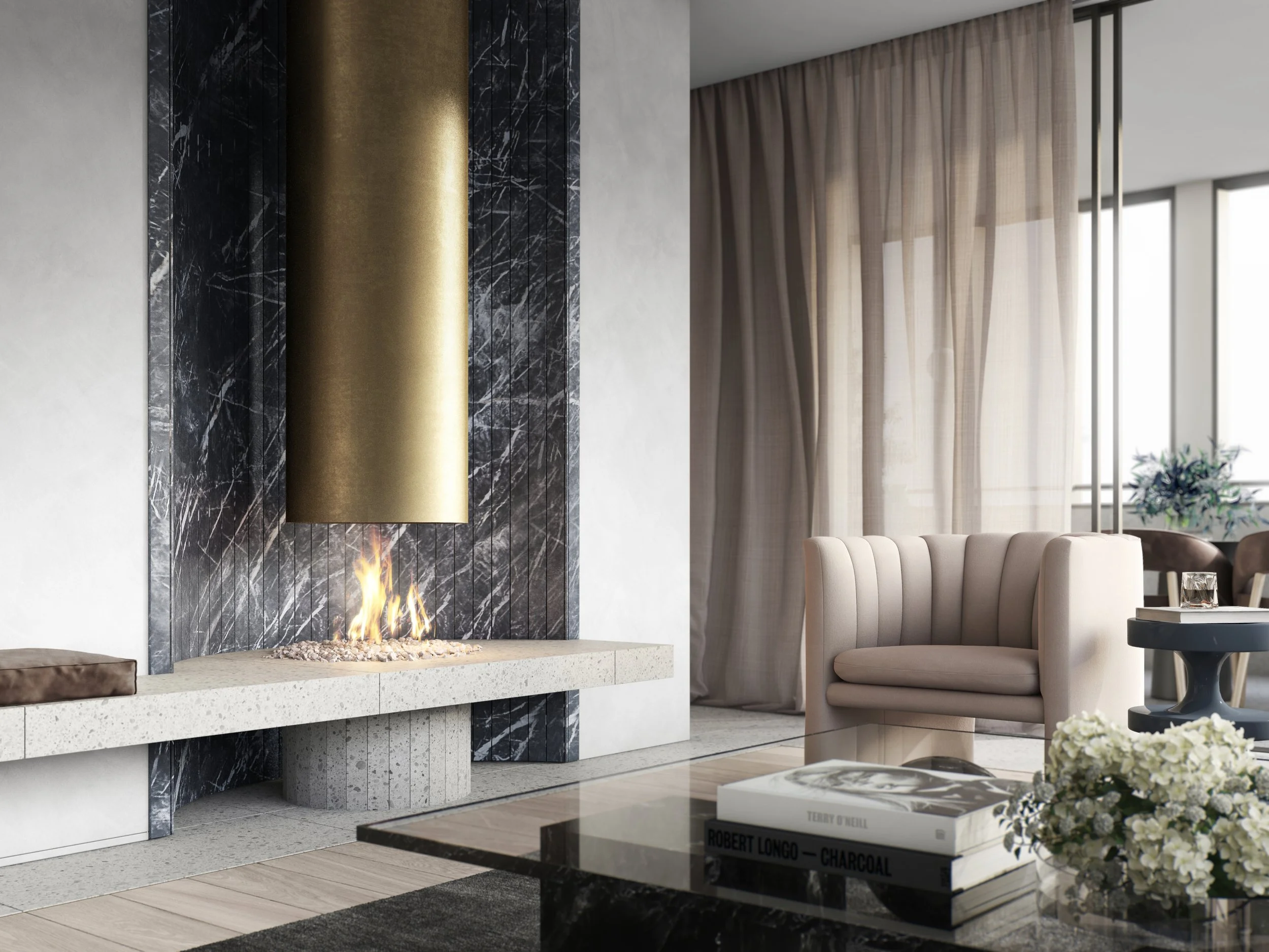 Modern living room with a fireplace, beige armchair, glass-top coffee table, and large windows with sheer curtains.