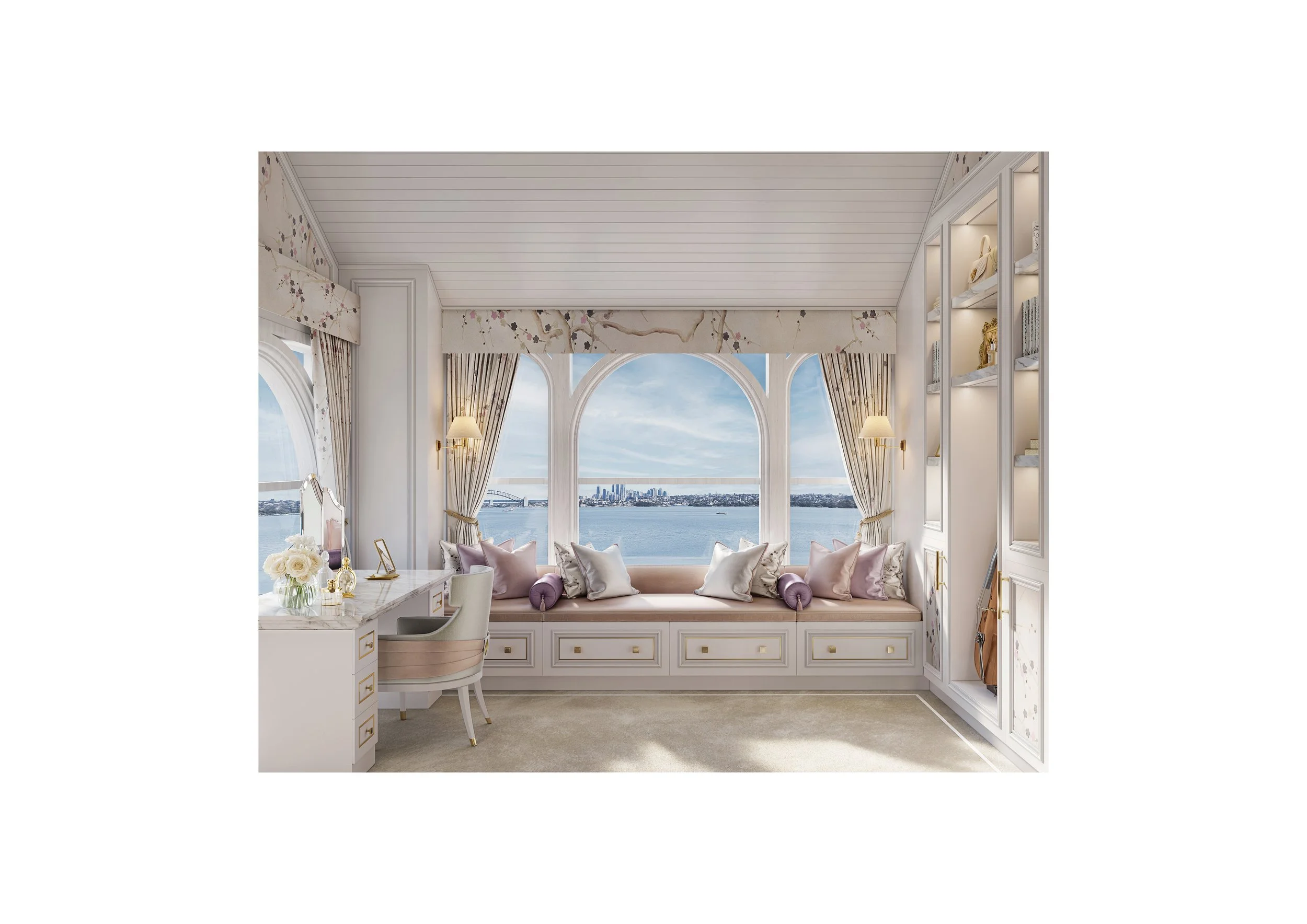Elegant waterfront room with large arched windows, window seat with pillows, and a view of the city skyline and water.