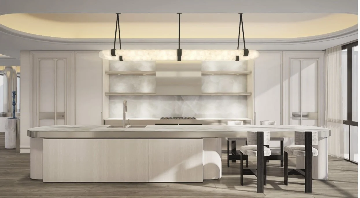 Modern, minimalistic kitchen with a large island, open shelving, a built-in stove, and a long overhead light, with natural light coming from patio doors.