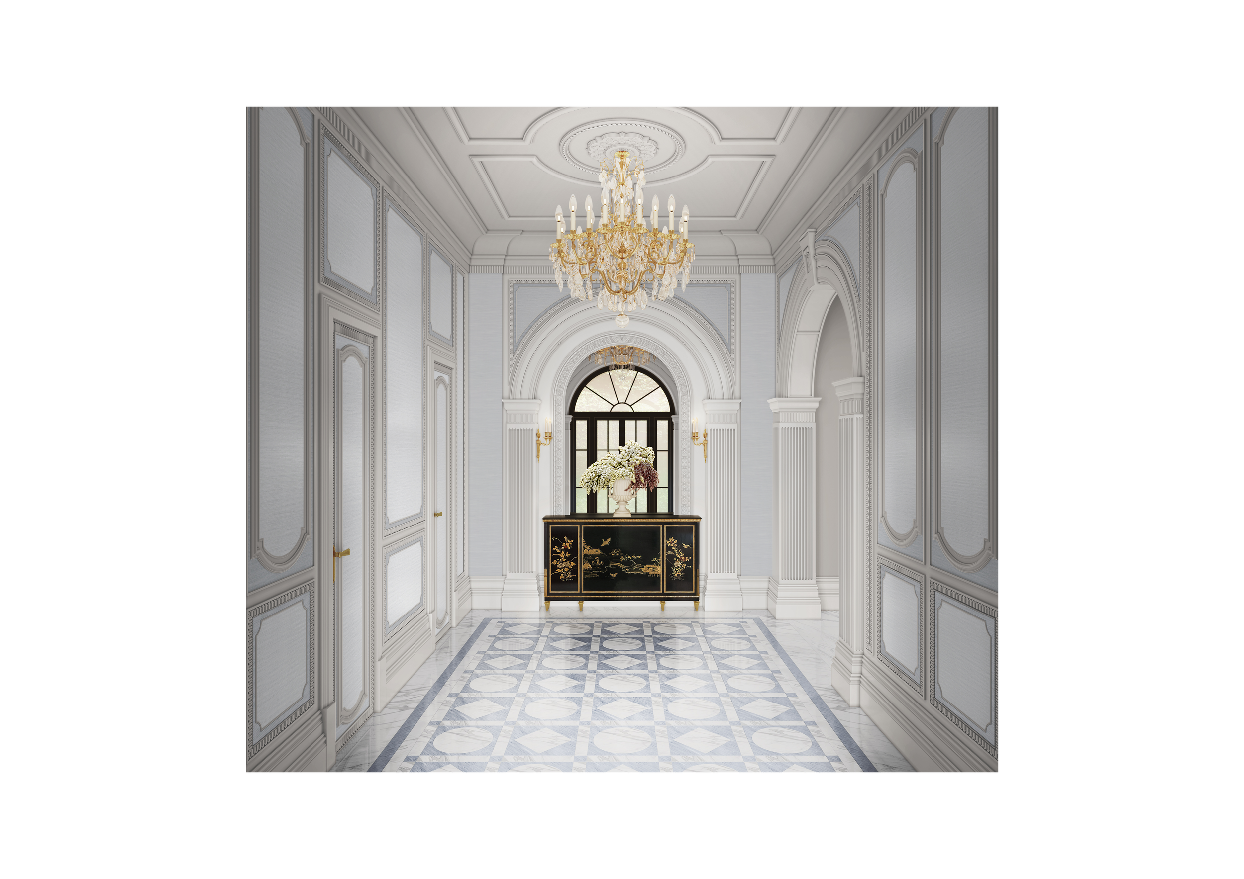 Elegant foyer with marble floors, ornate white walls, a gold chandelier, and a black console table with gold accents and a floral arrangement.