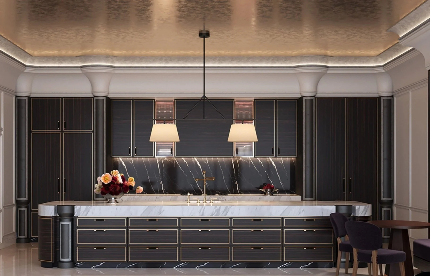 Modern kitchen with black cabinetry, gold accents, marble countertops, and a black marble backsplash with white veins. A large white marble island with a gold faucet and a bouquet of pink, white, and red flowers is in the center. Two hanging pendant lamps illuminate the island, and adjoining to the right is a dining table with four purple chairs.