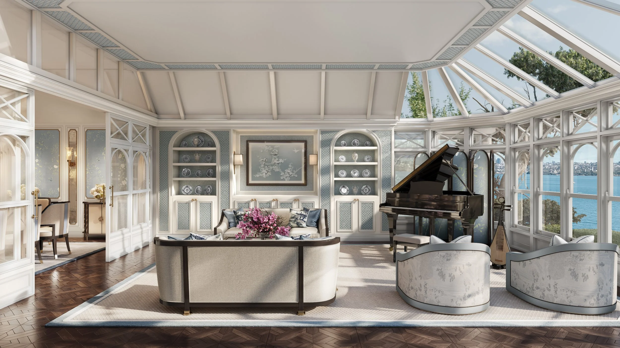 Elegant sunroom with large glass windows facing water, black grand piano, floral arrangement, light-colored vintage furniture, decorative shelves with blue and white china, and a view of water and trees outside.