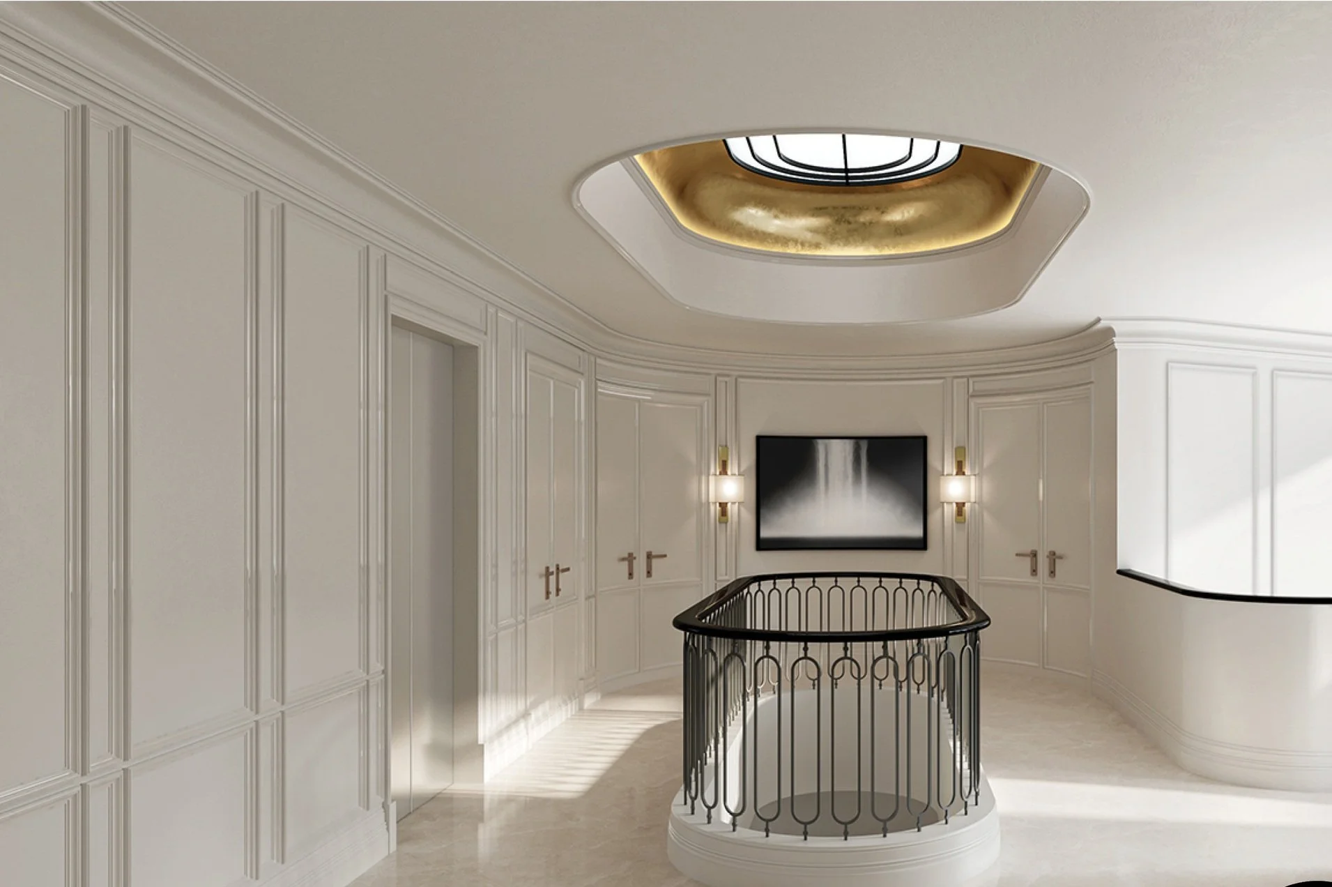 Interior view of a luxurious home interior with white walls and cabinets, a staircase with a black iron railing, a gold and white ceiling feature, and a black and white wall art piece.