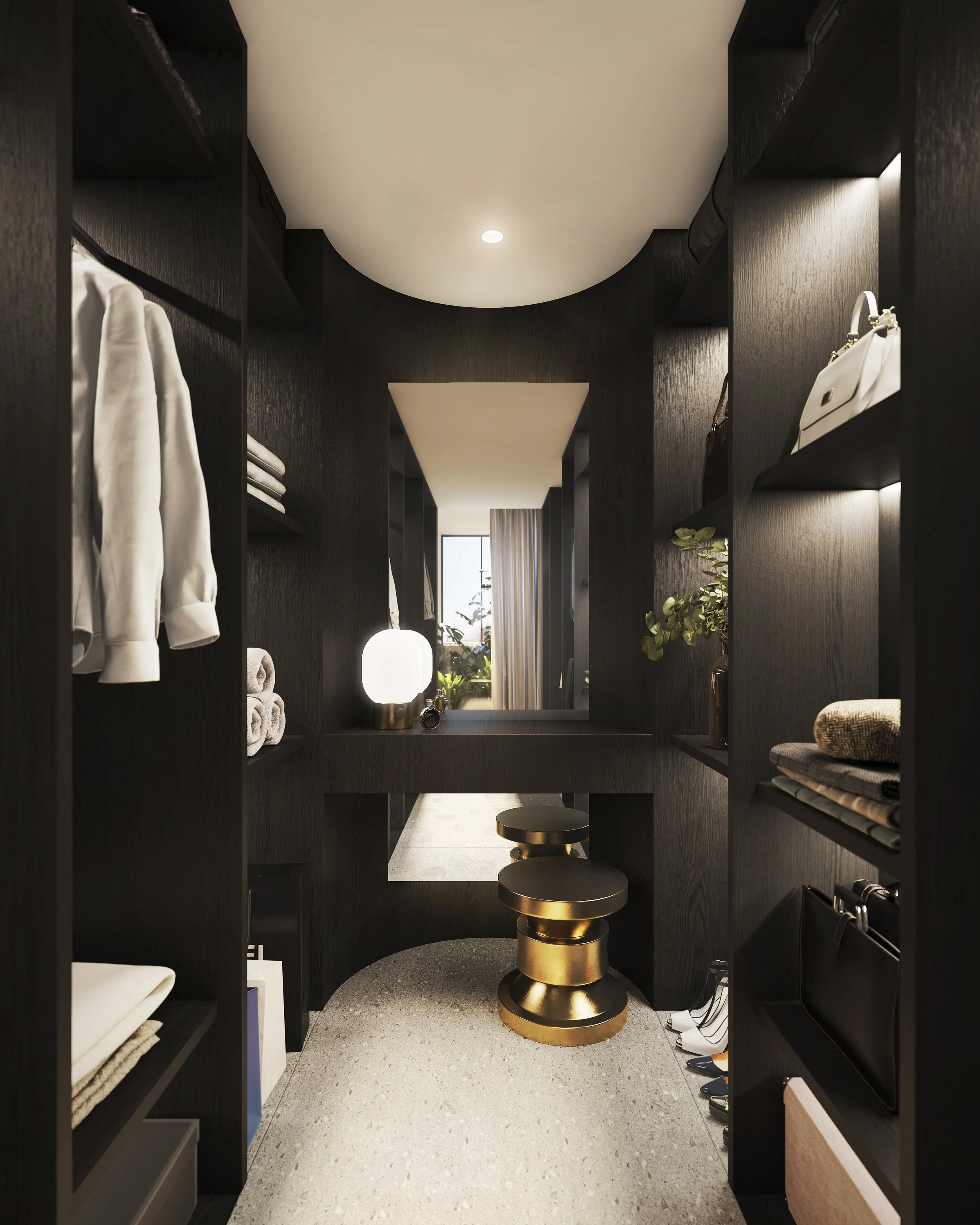 Modern walk-in closet with dark wood shelves, clothing, storage boxes, handbags, and a gold-colored stool.