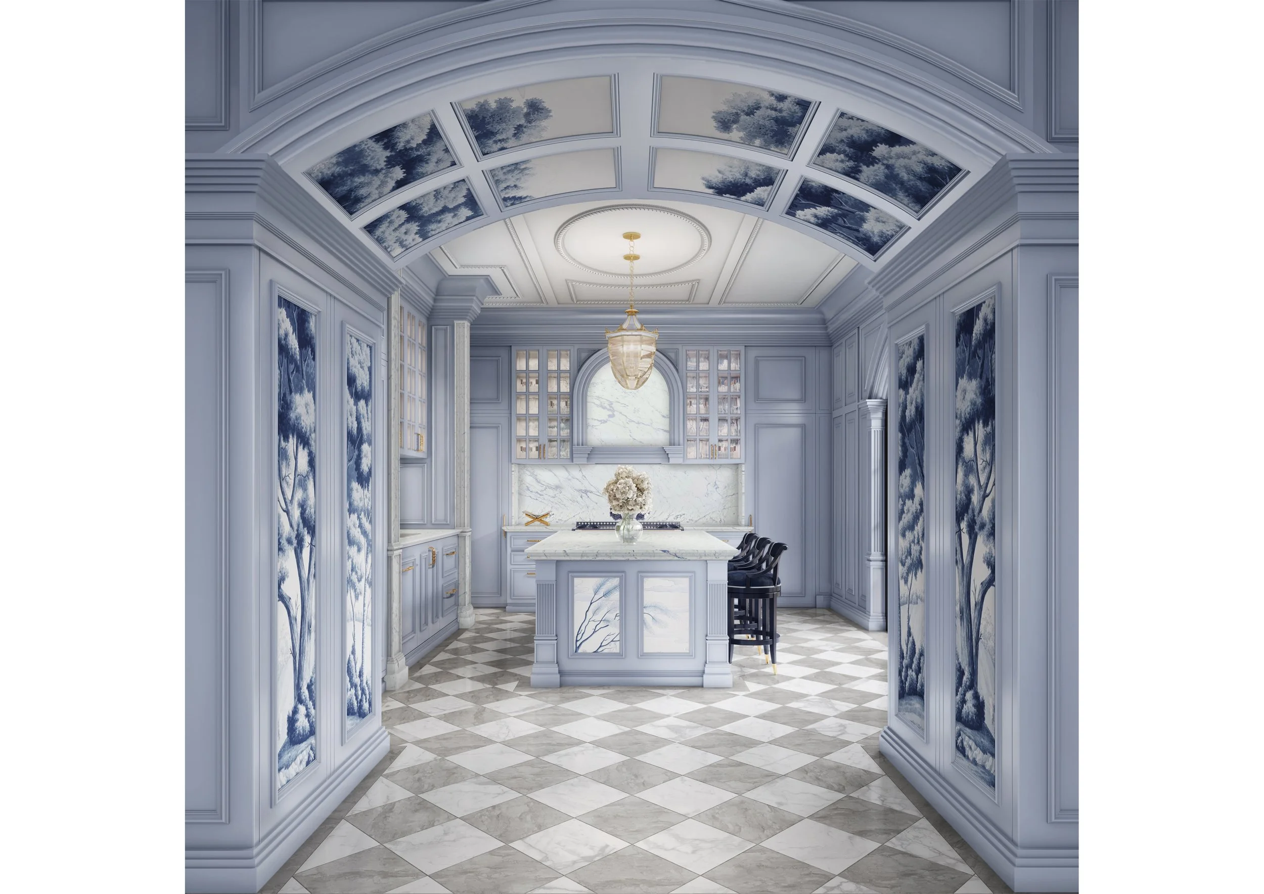 Elegant kitchen with light blue cabinetry, marble countertops, and a central island with floral arrangement, featuring a painted ceiling and patterned floor.