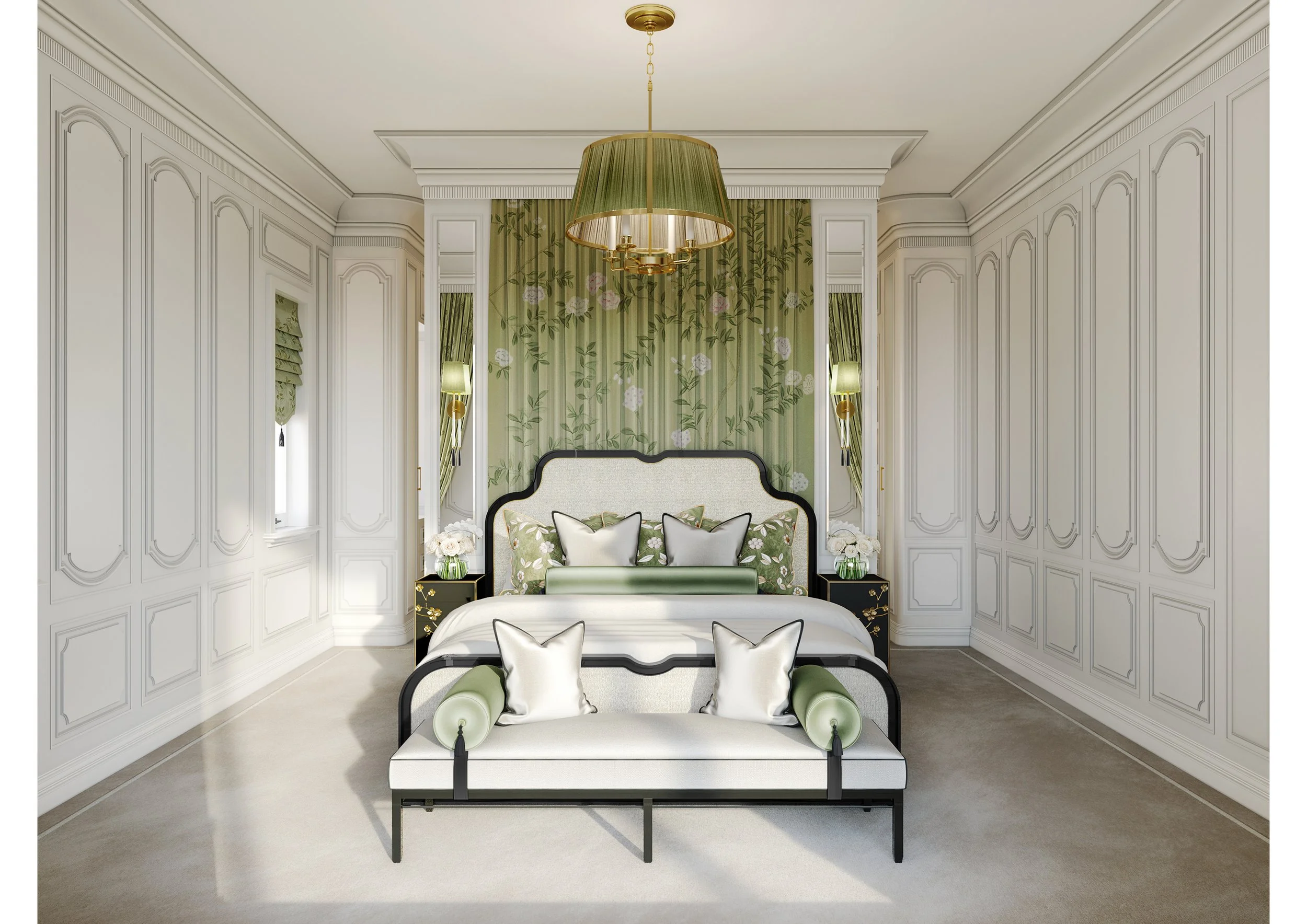 Elegant bedroom with white paneled walls, a central bed with a white and green color scheme, decorative pillows, a green canopy curtain behind the bed, side tables with floral arrangements, green lamps, and a large green pendant light chandelier.