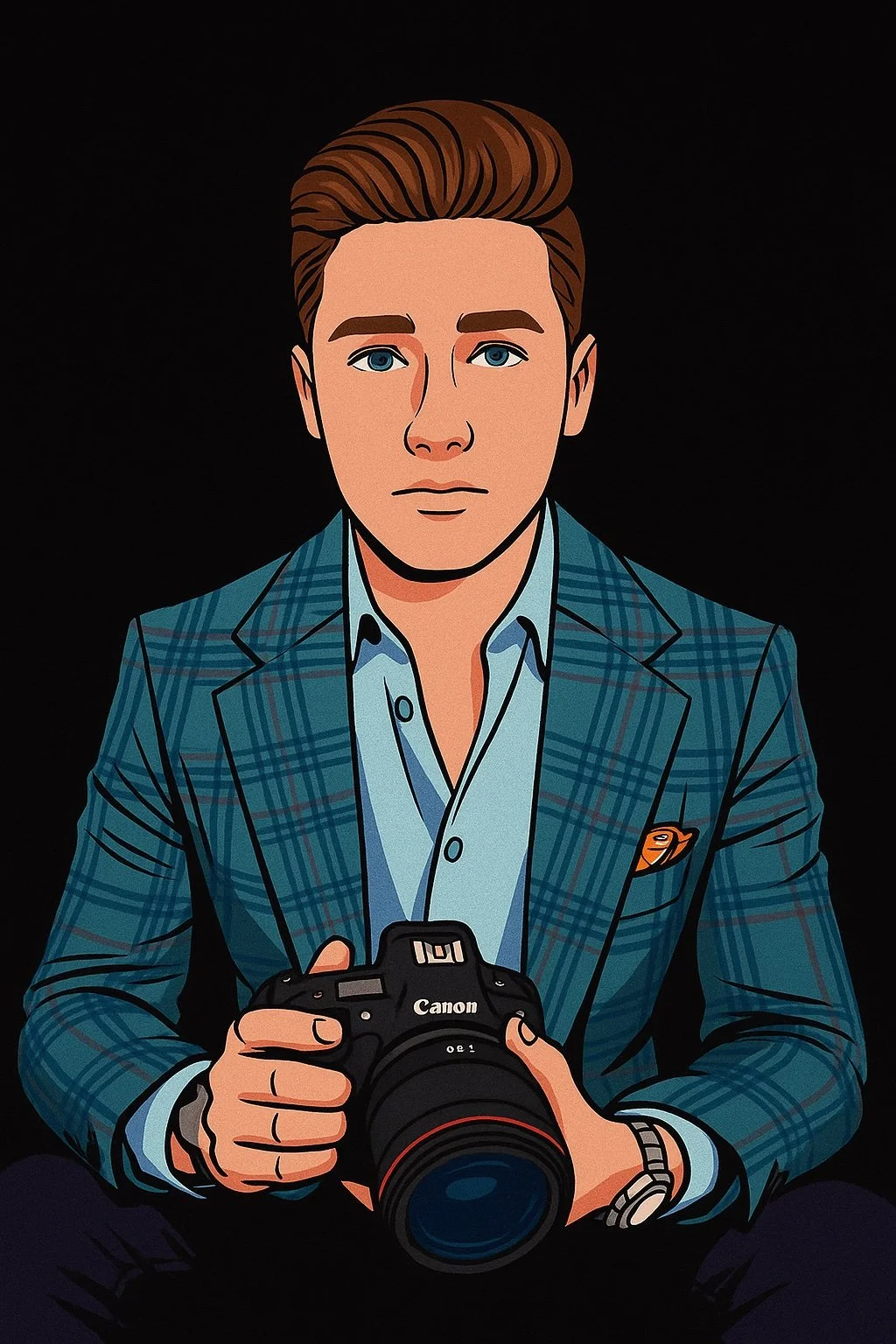 Illustration of a young man with brown hair and blue eyes holding a Canon camera, wearing a blue plaid blazer and white shirt, against a black background.