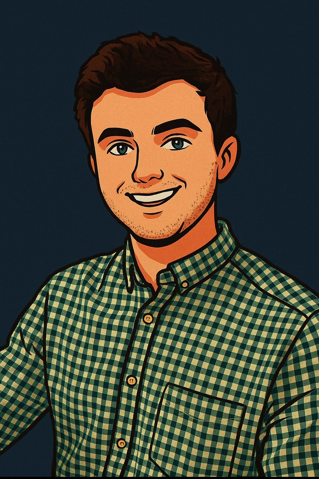 Cartoon illustration of a young man with brown hair, wearing a green checkered shirt, smiling, against a dark background.