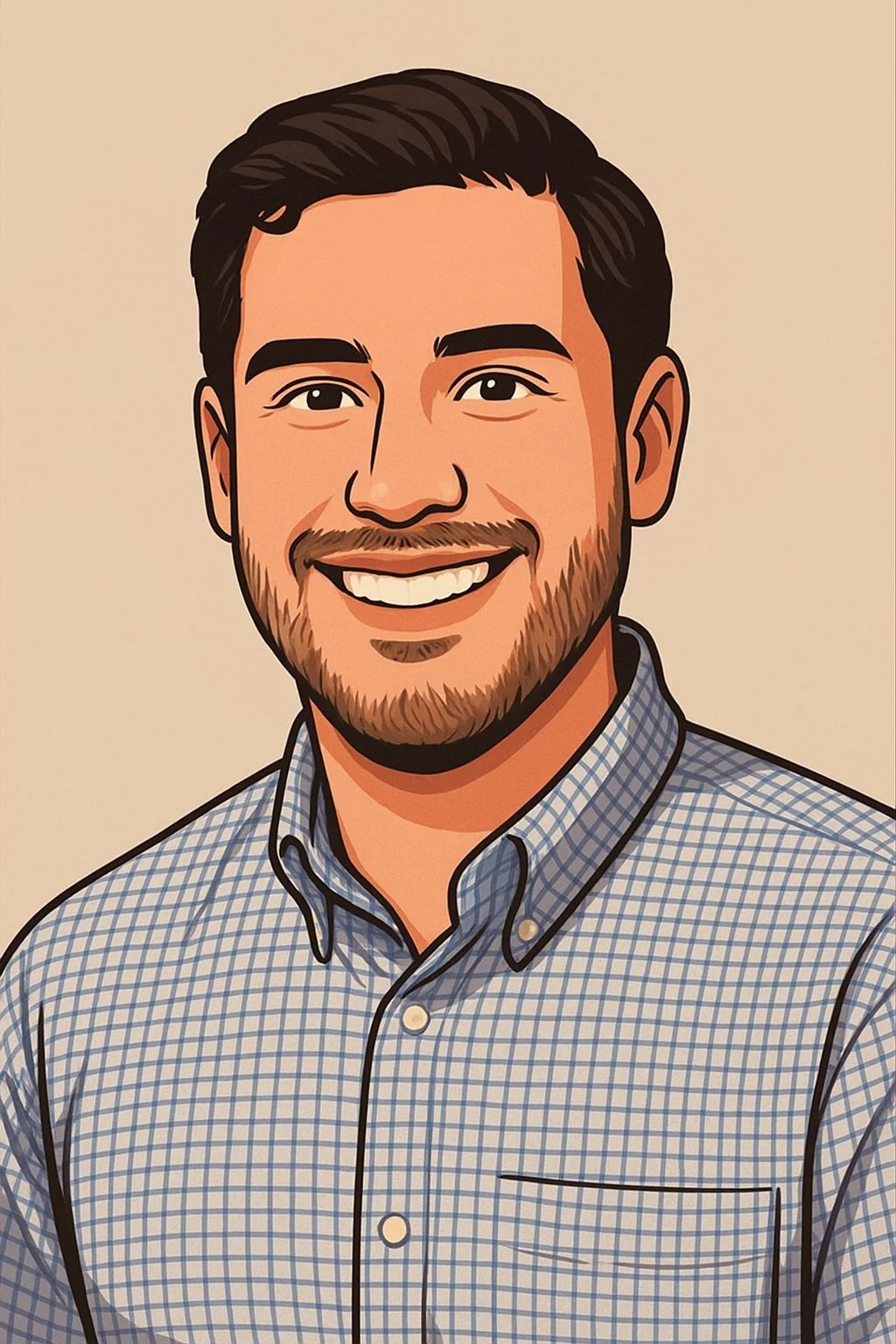 Illustration of a smiling man with dark hair, a beard, wearing a blue checkered shirt.