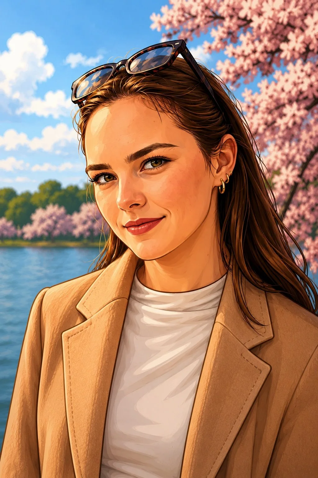 A woman with brown hair and light makeup smiling outdoors near a river with pink cherry blossom trees and a partly cloudy sky in the background. She is wearing sunglasses on her head, a tan blazer, and a white top.