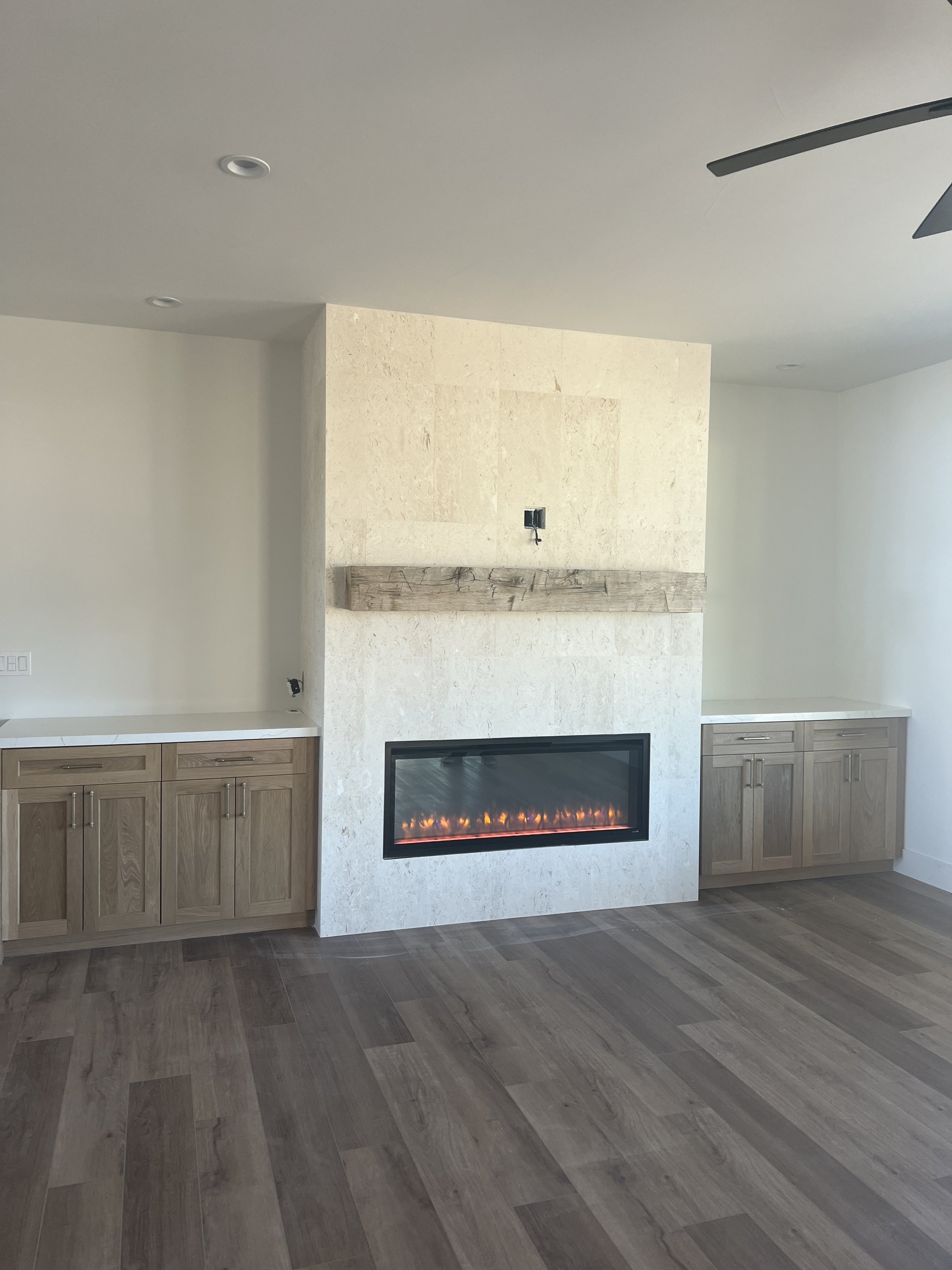 Reclaimed White Oak Beam Mantel & White Oak Cabinets