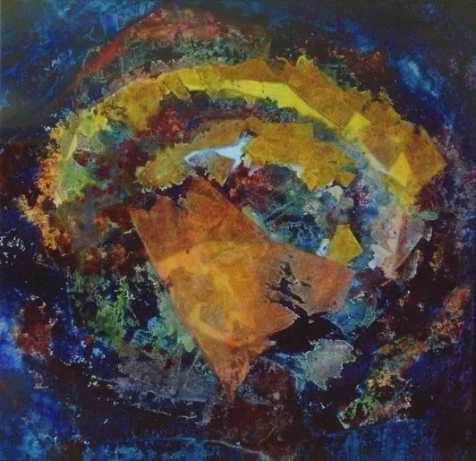 Abstract painting with dark blue background and vibrant splashes of yellow, orange, and red.