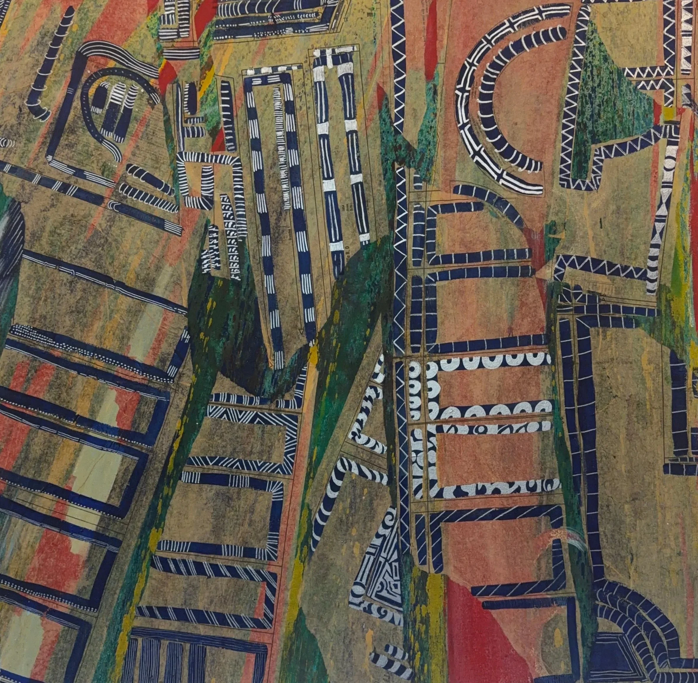 “Tower of Strength” 60” x 60” Acrylic on Canvas with vintage sewing patterns, 2020