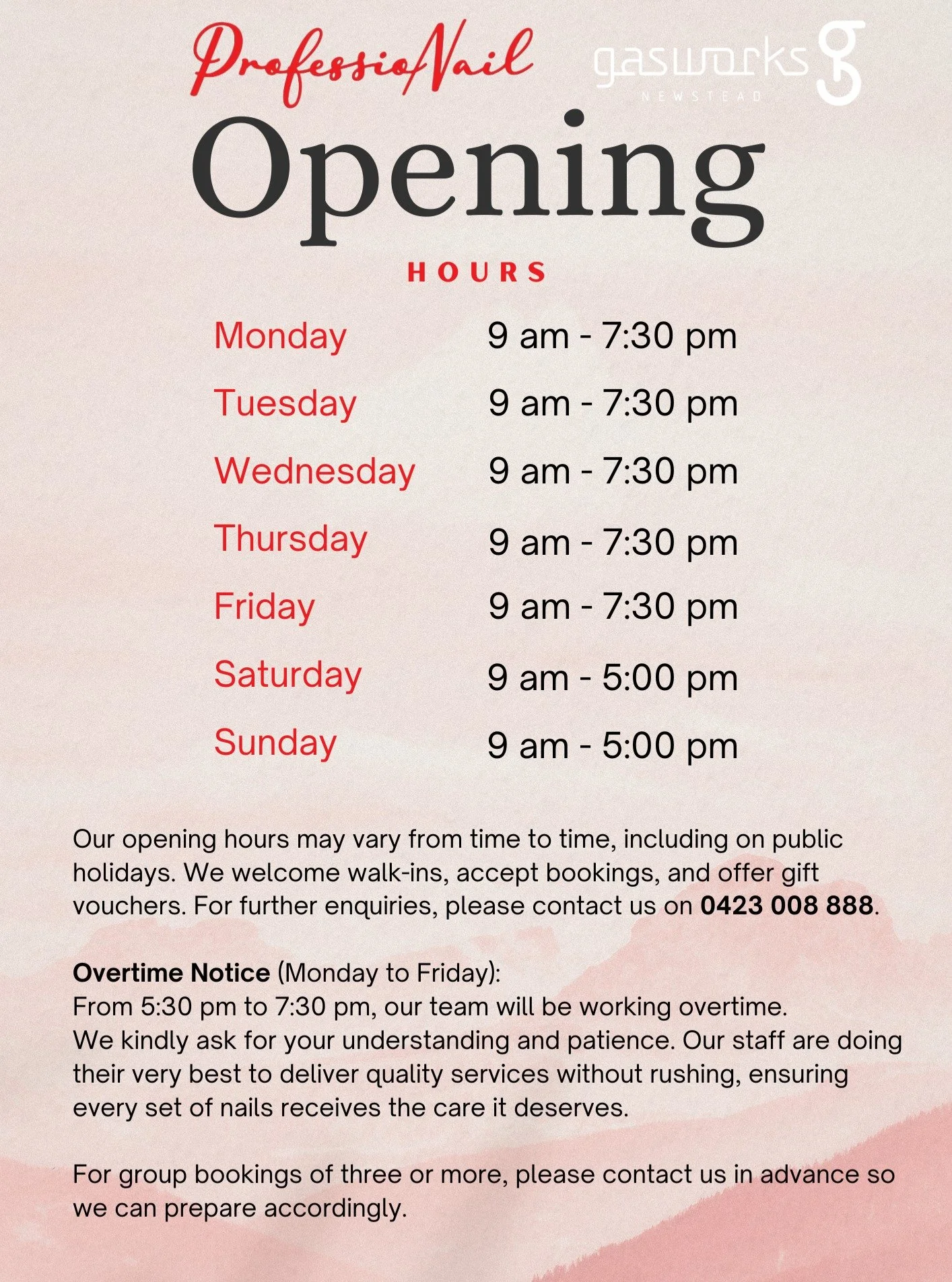 ✨ Our 2026 Trading Hours ✨
We are open 7 days a week to take care of you.

Monday &ndash; Friday: 9:00 am &ndash; 7:30 pm
Saturday &amp; Sunday: 9:00 am &ndash; 5:00 pm

Walk-ins welcome | Bookings available | Gift vouchers offered
Thank you for your