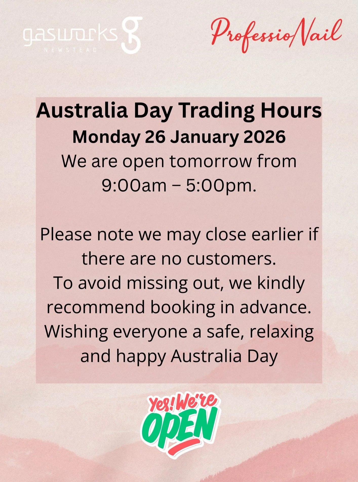 Australia Day Trading Hours 🇦🇺
We&rsquo;re open this Monday 26 January from 9:00am to 5:00pm.
Please note we may close earlier if it is quiet, so bookings in advance are highly recommended.
Wishing everyone a safe, relaxing and happy Australia Day 
